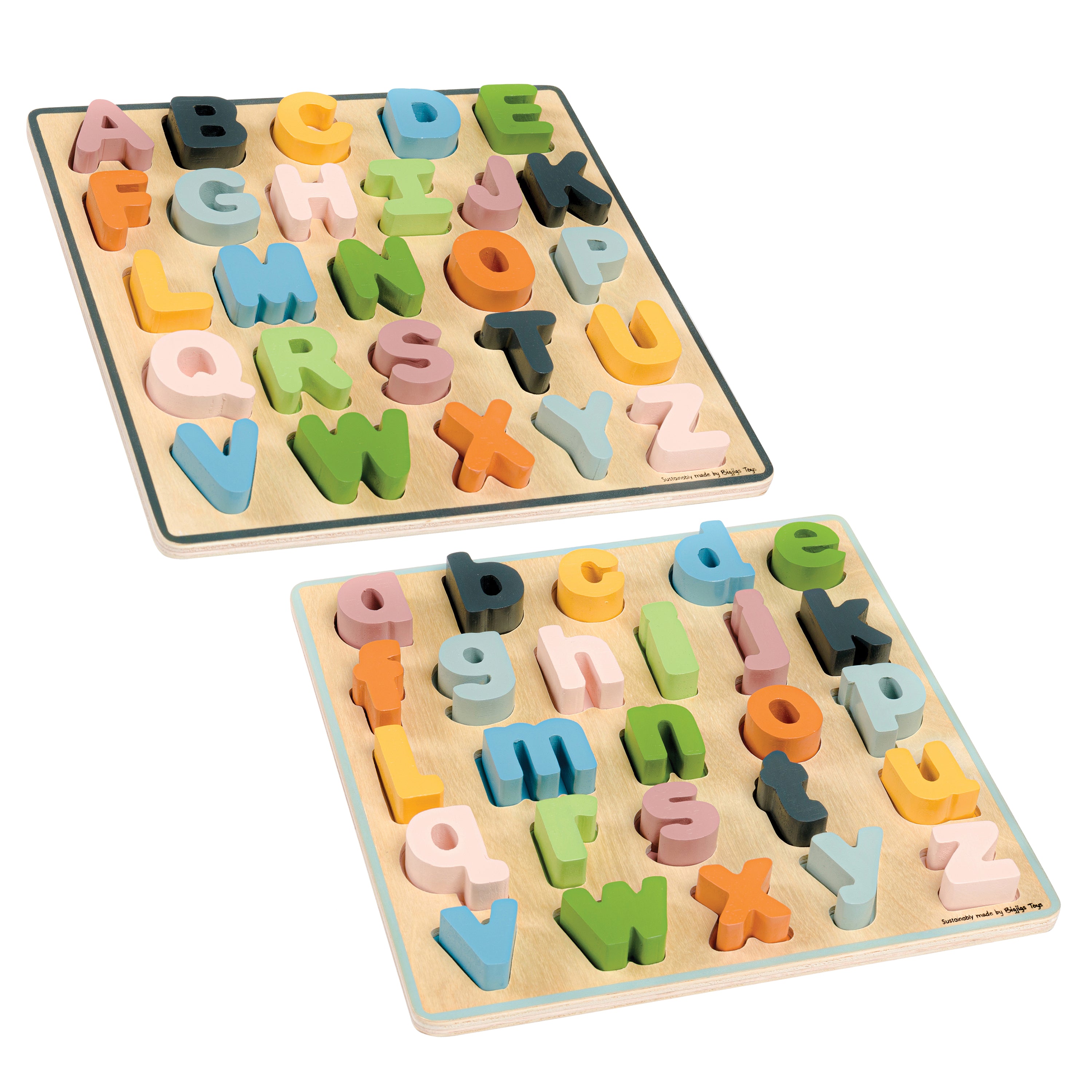 Two wooden alphabet puzzles with colorful letters on a white background