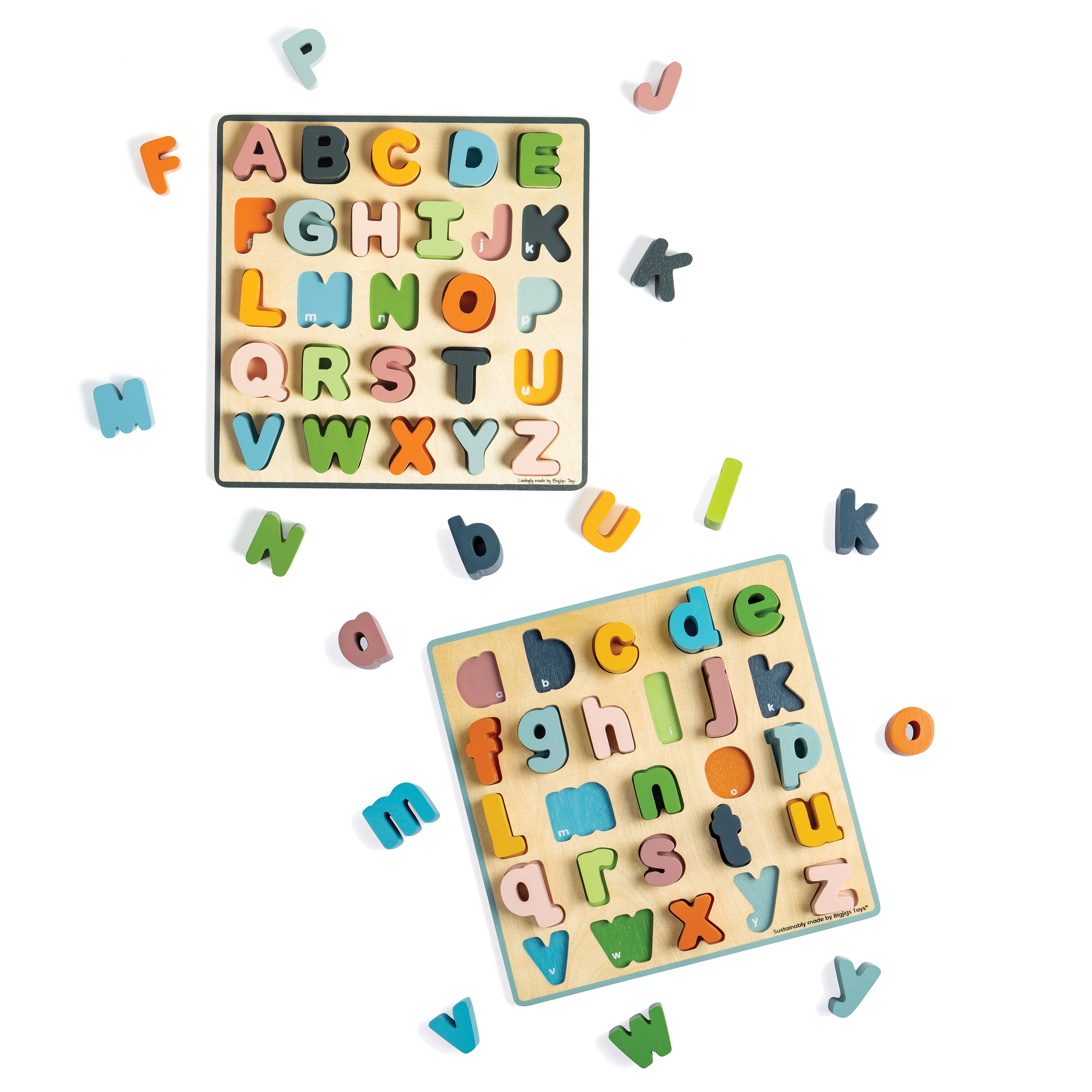 Colorful wooden alphabet puzzle with letters scattered on a white background