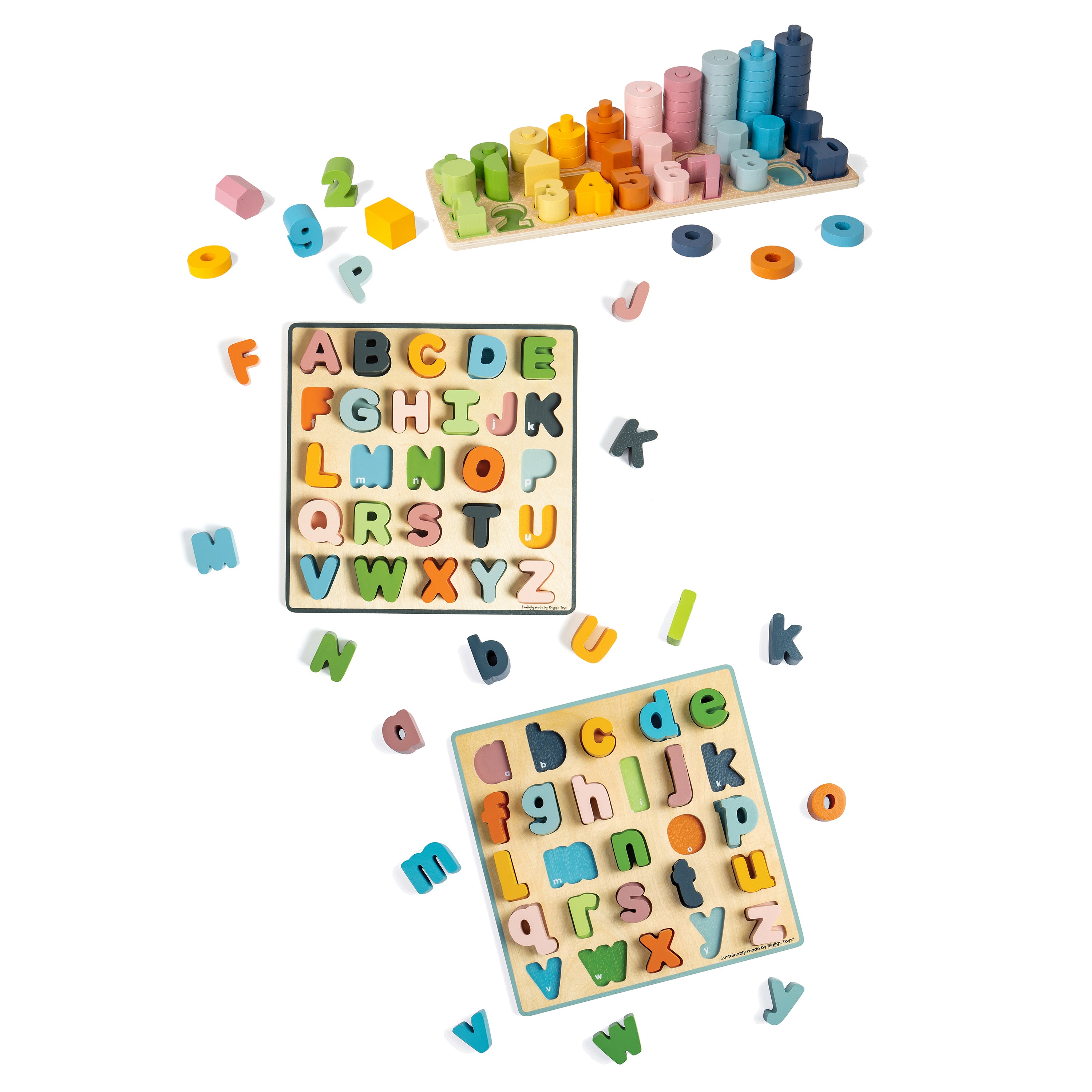 Colorful wooden alphabet puzzle with letters and shapes on a white background
