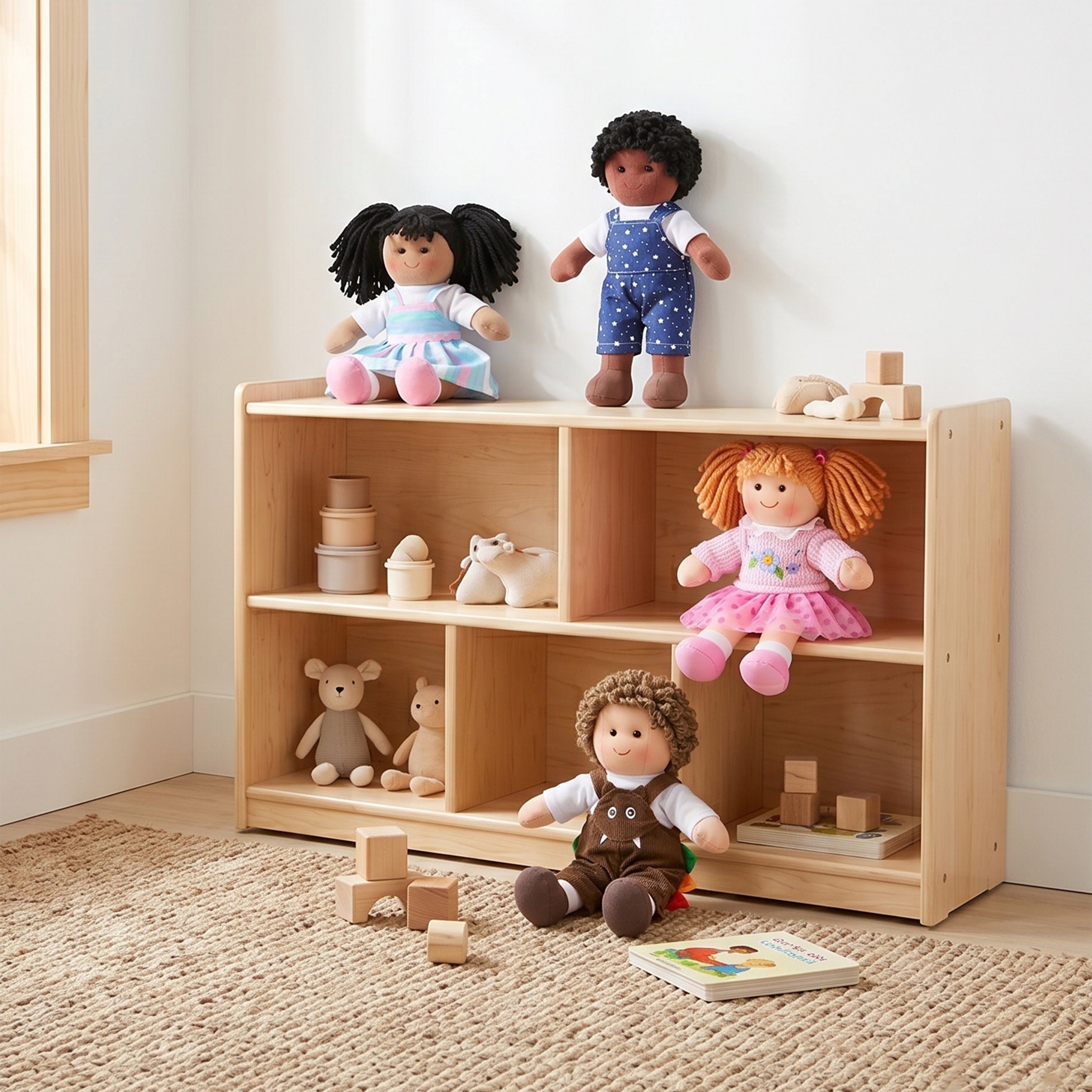 Wooden toy shelf with dolls and toys in a room setting