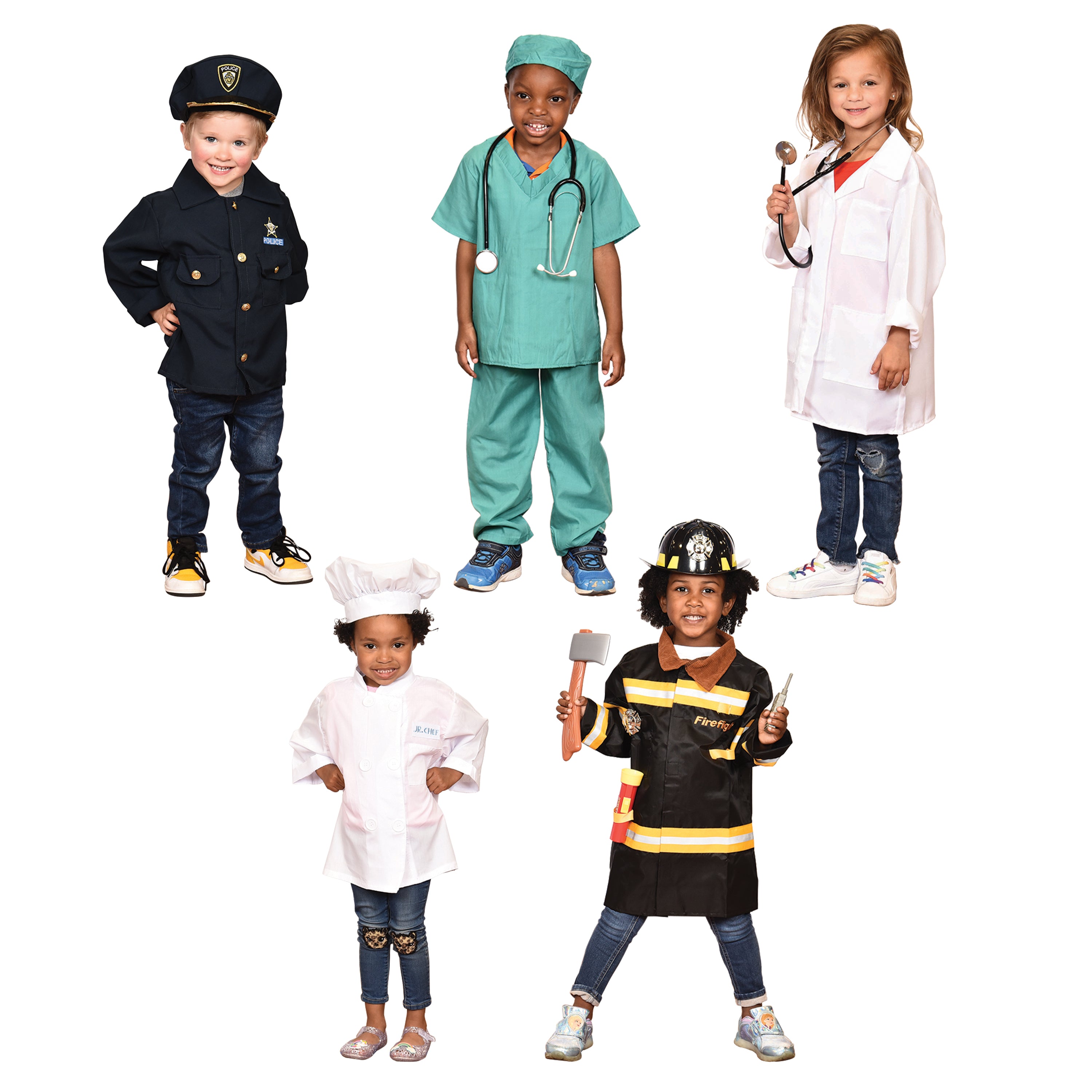 Five children in various costumes on a white background