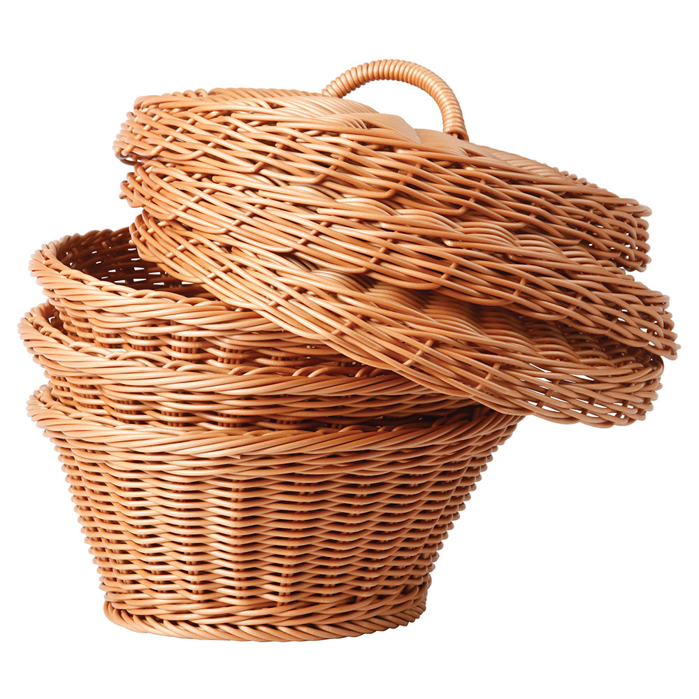 Set of 3 Durable Round Storage Baskets with Lids | Natural Wicker-Style Design