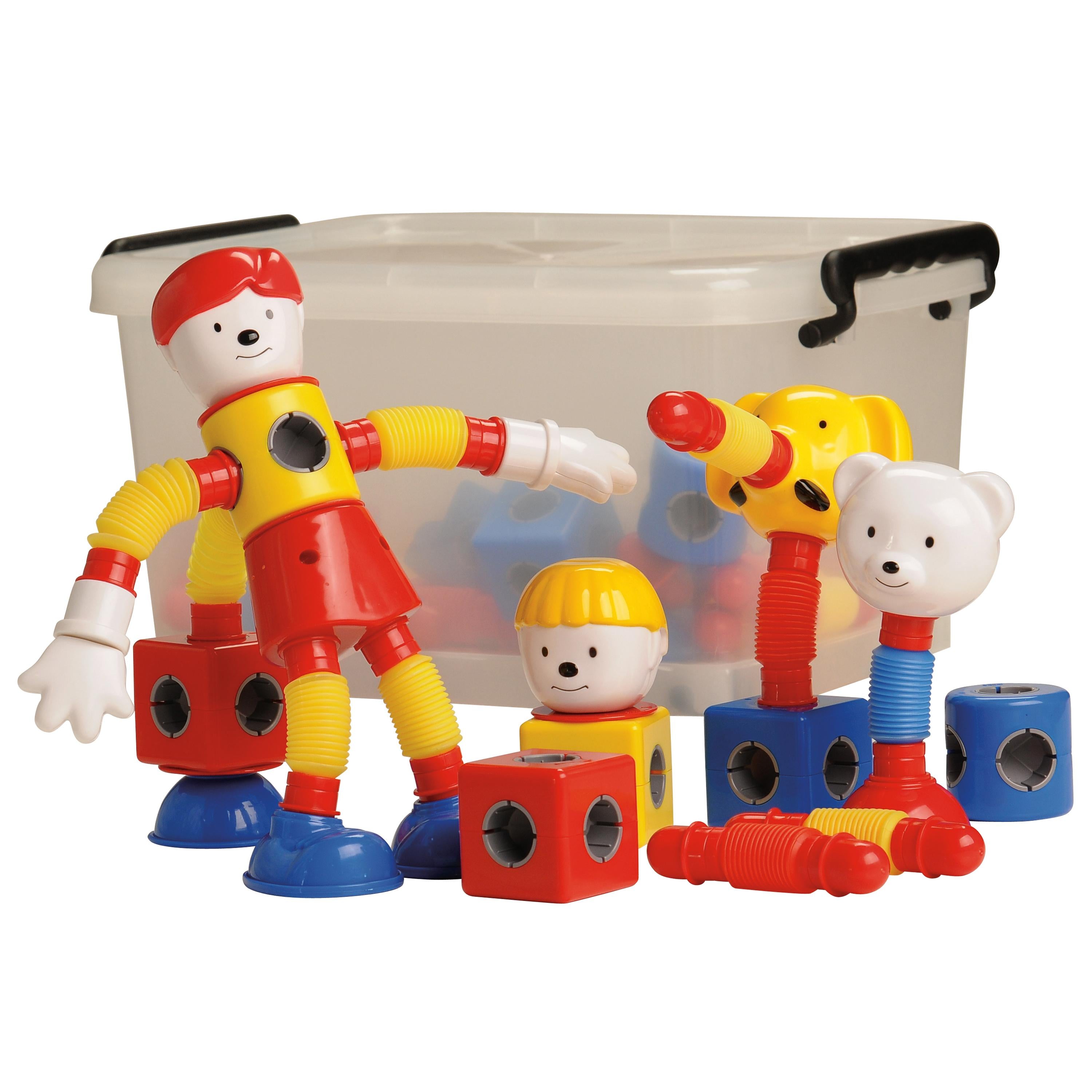 Colorful toy set with characters and accessories on a white background
