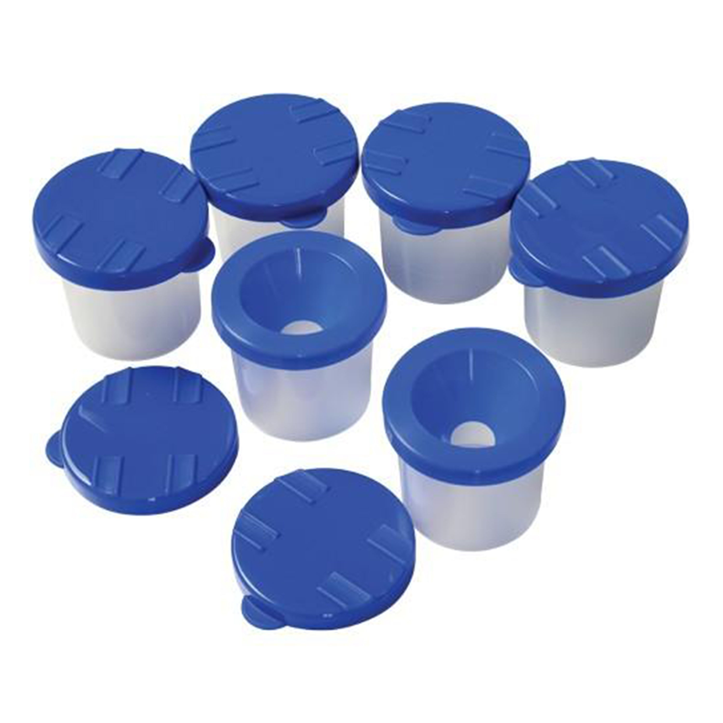 Set of plastic containers with blue lids on a white background