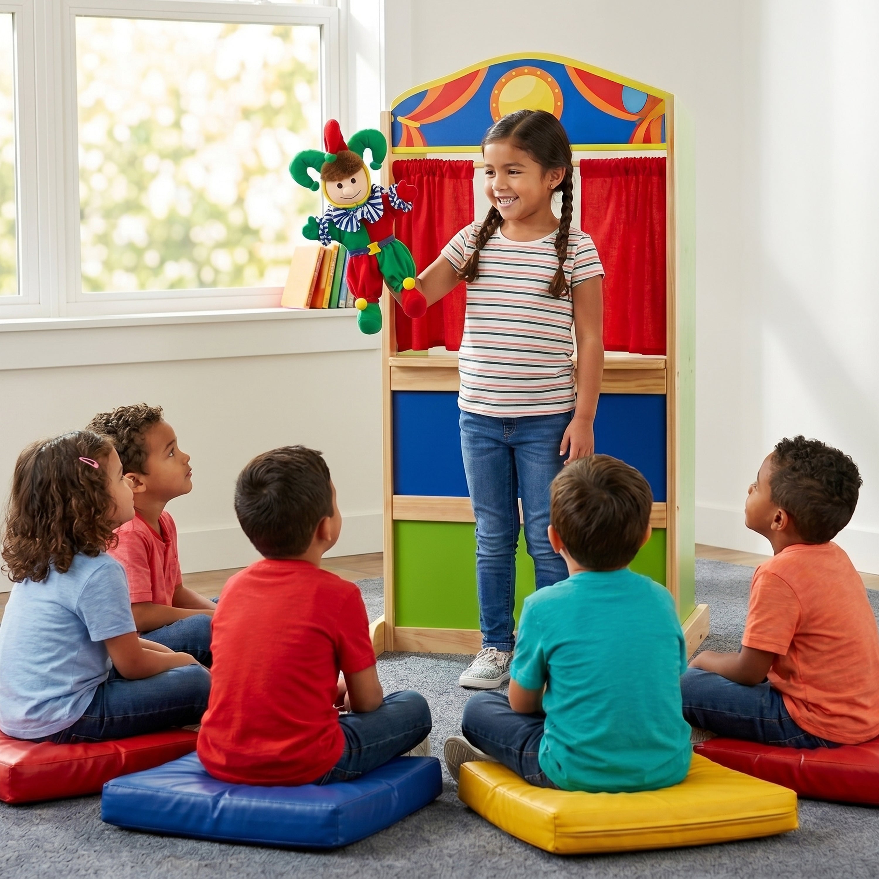 Children in a classroom setting with a young girl standing and others sitting on colorful cushions.