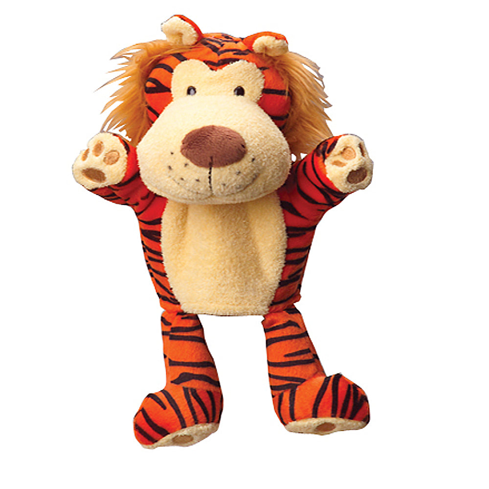 Plush tiger toy with orange and black stripes on a white background