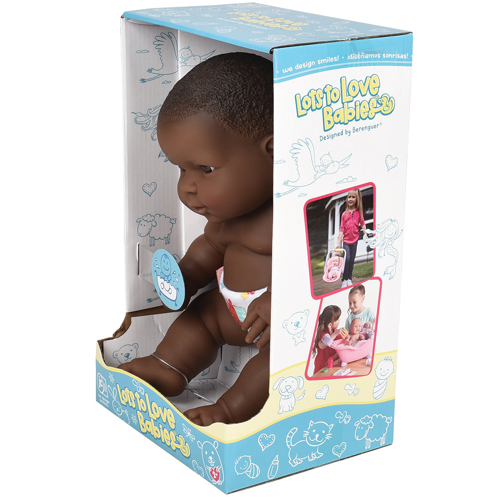 Side View of Huggable 14" African American Baby Doll Packaging