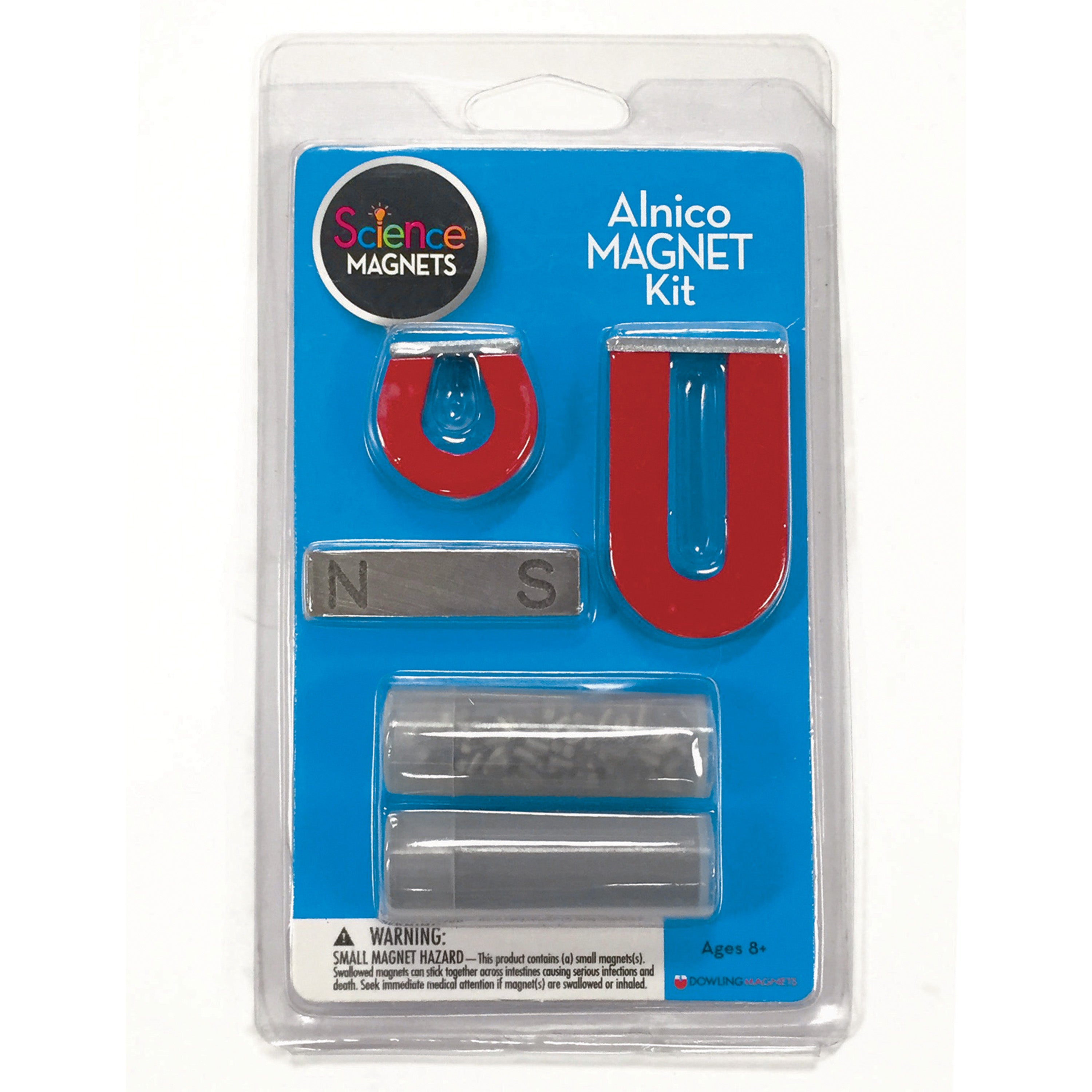 Alnico Science Kit- 1" horseshoe, 2" horseshoe, 2" bar magnet plus a tube of iron filings and steel shapes