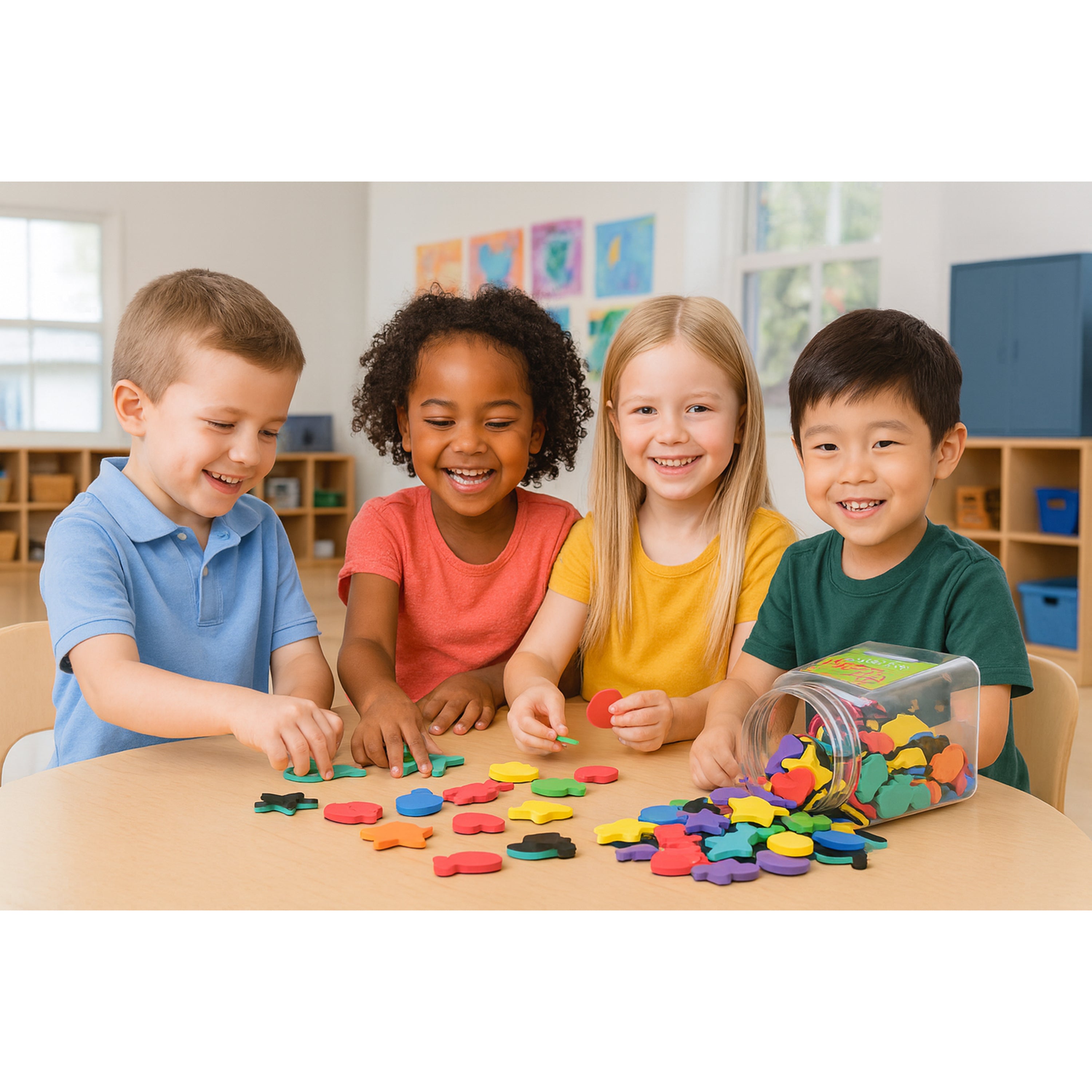 Four children playing with colorful toys at a table in a classroom setting.