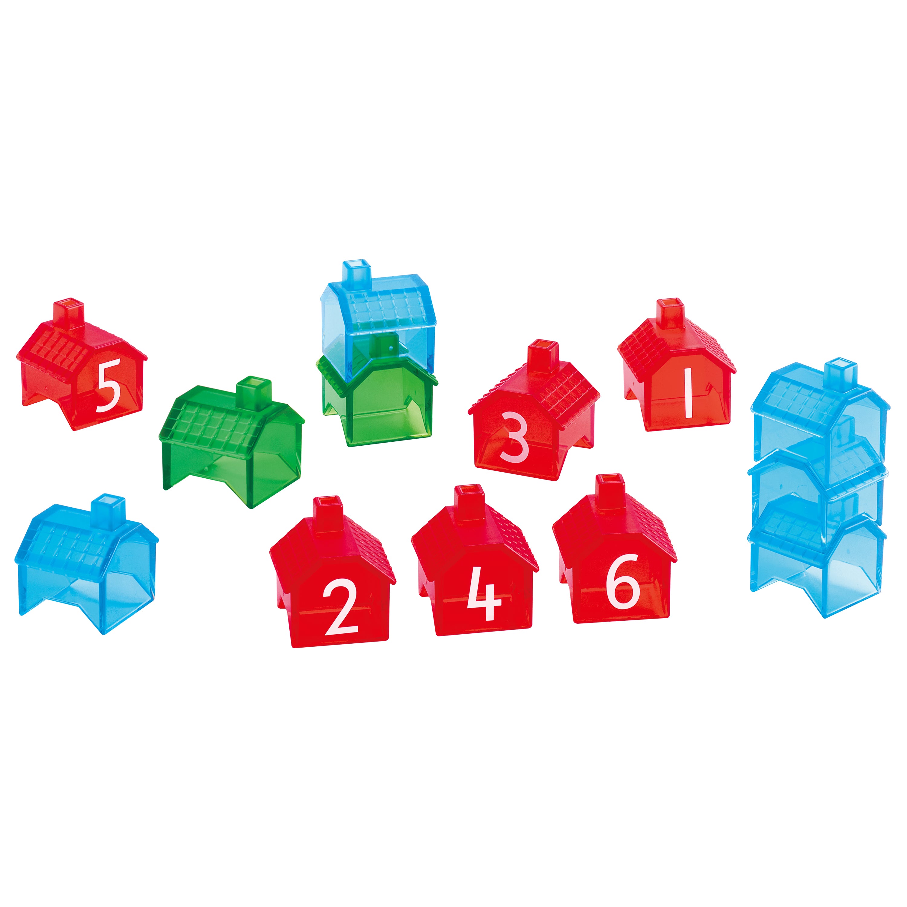 Colorful house-shaped numbers on a white background