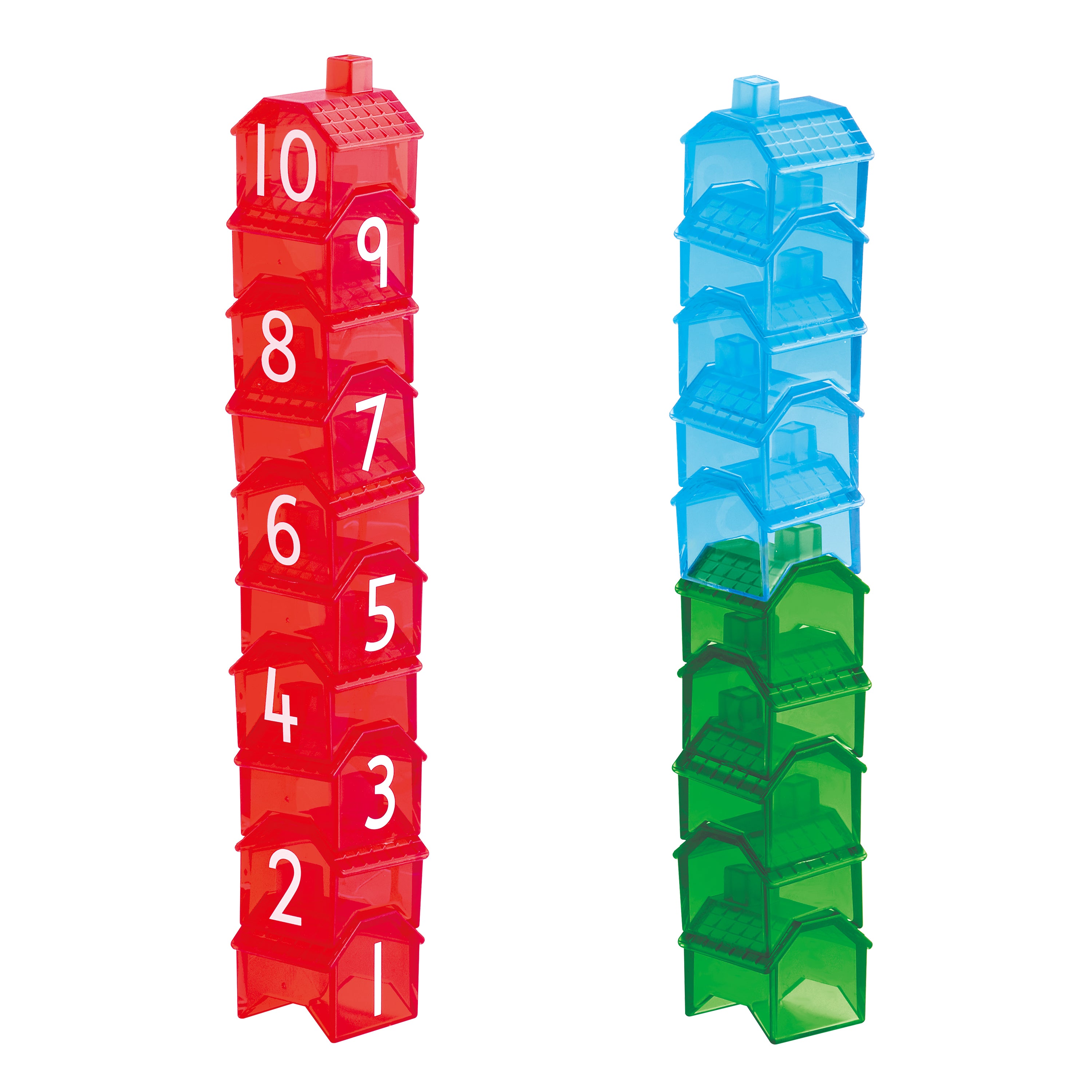 Colorful tower with numbered red, blue, and green sections on a white background