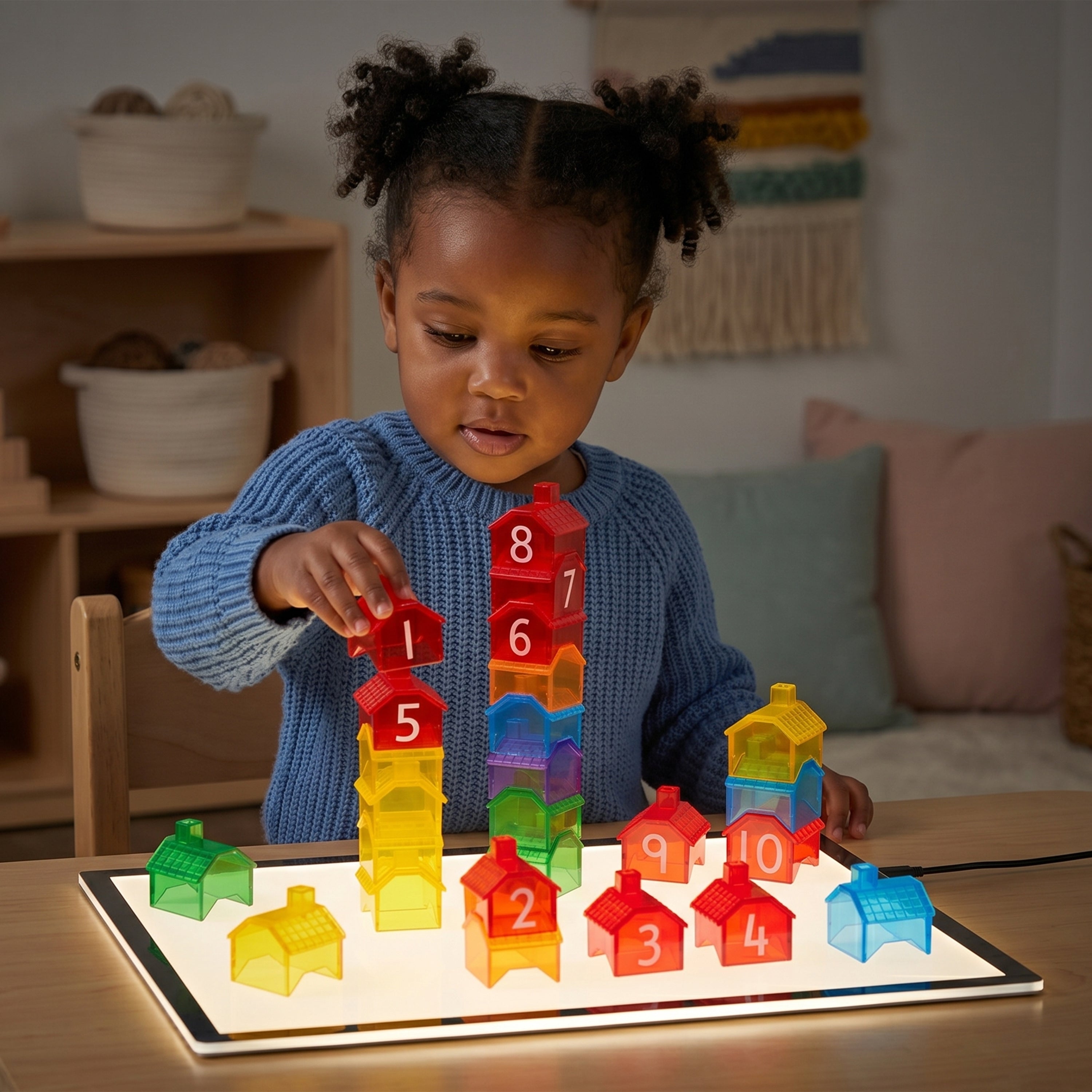 Child playing with colorful number blocks on a table