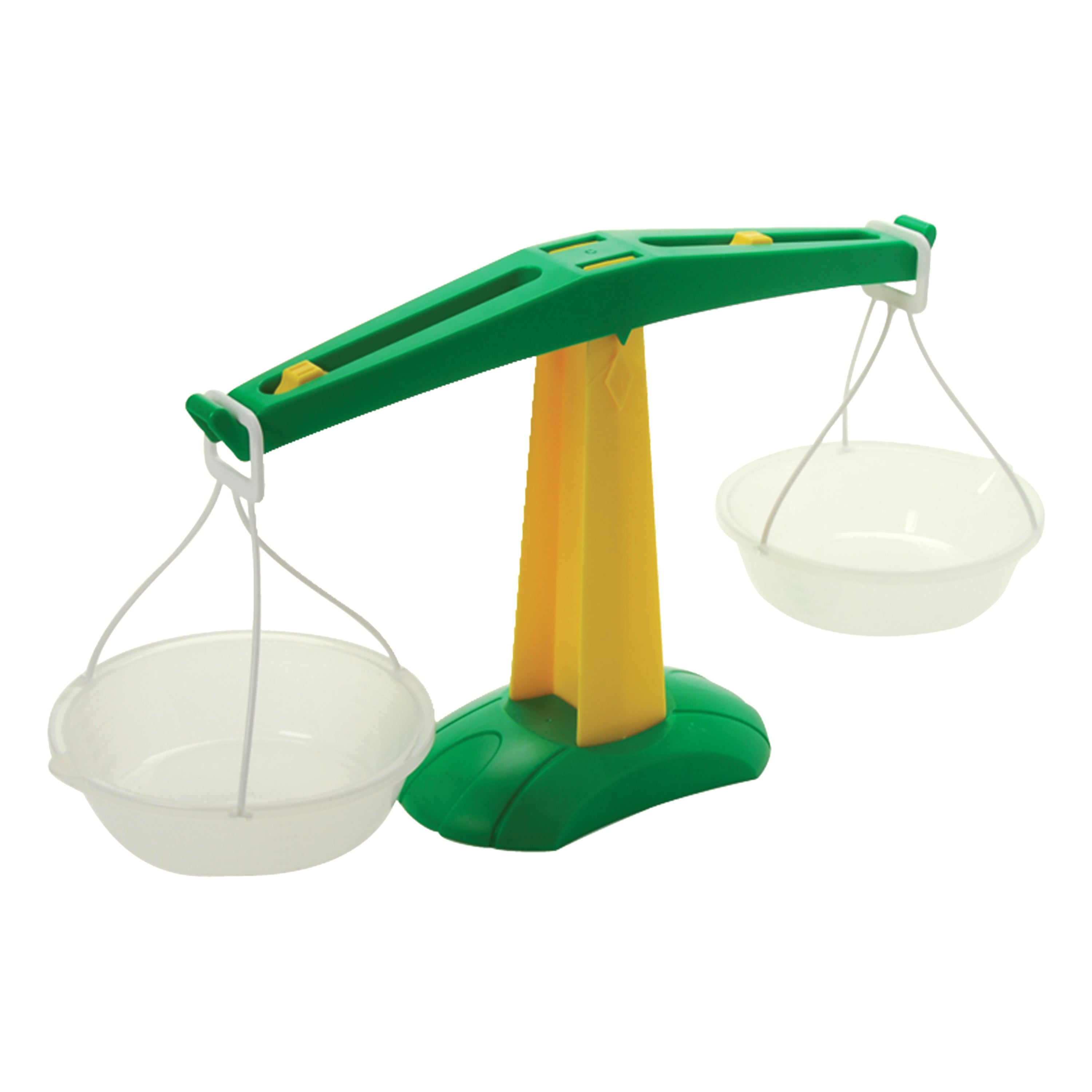 Toy balance scale with green and yellow structure on a white background