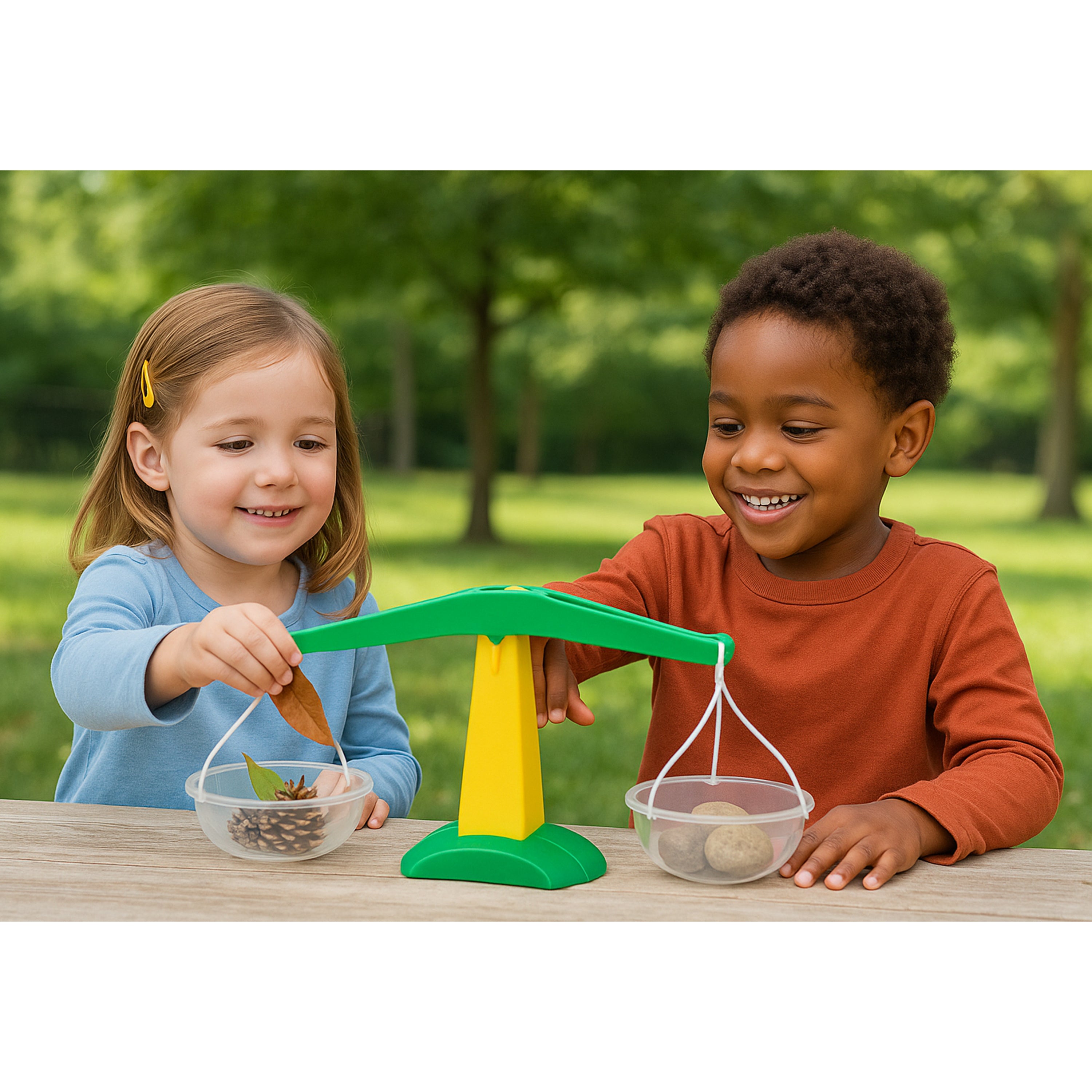 Two children playing with a balance scale outdoors.