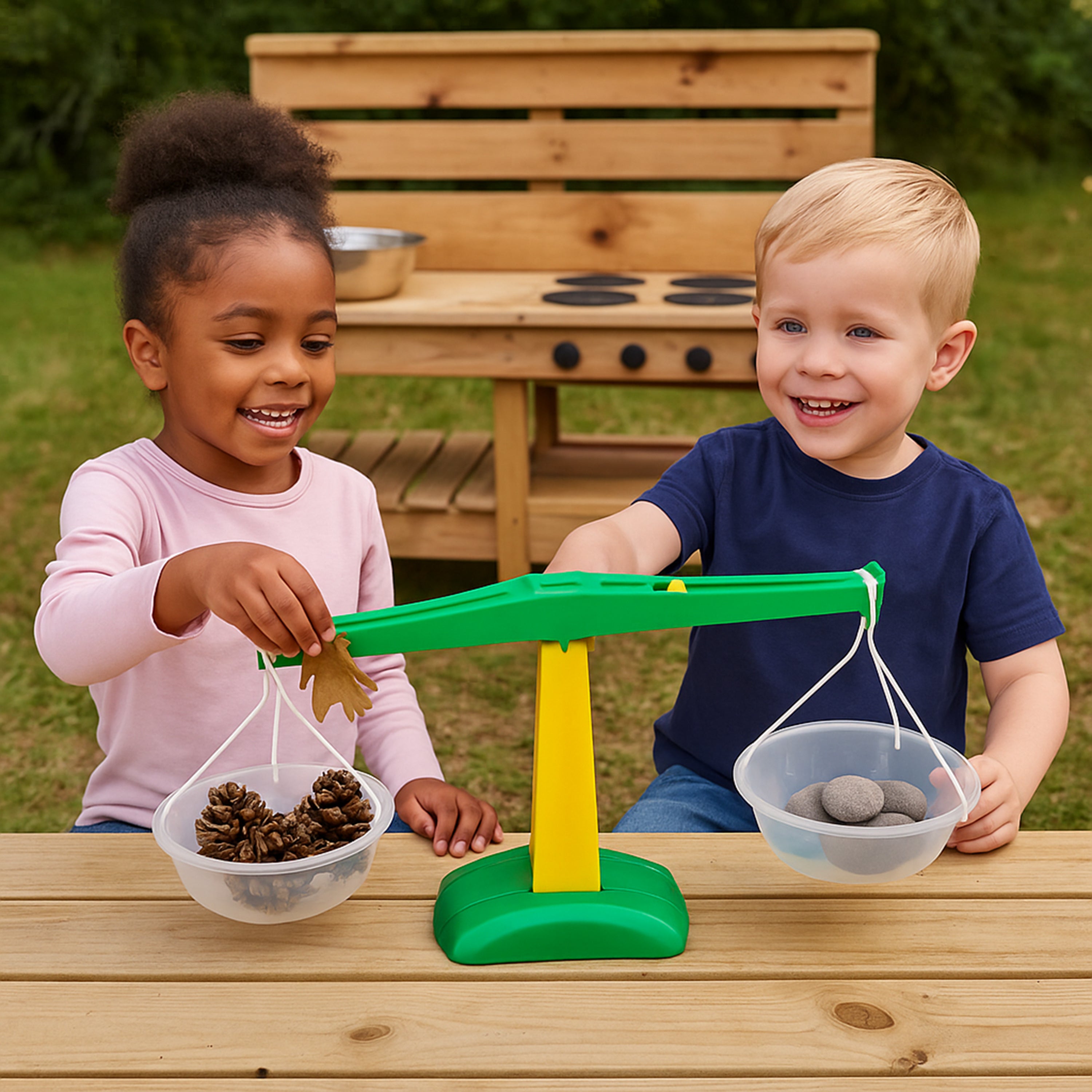 Two children playing with a balance scale outdoors.