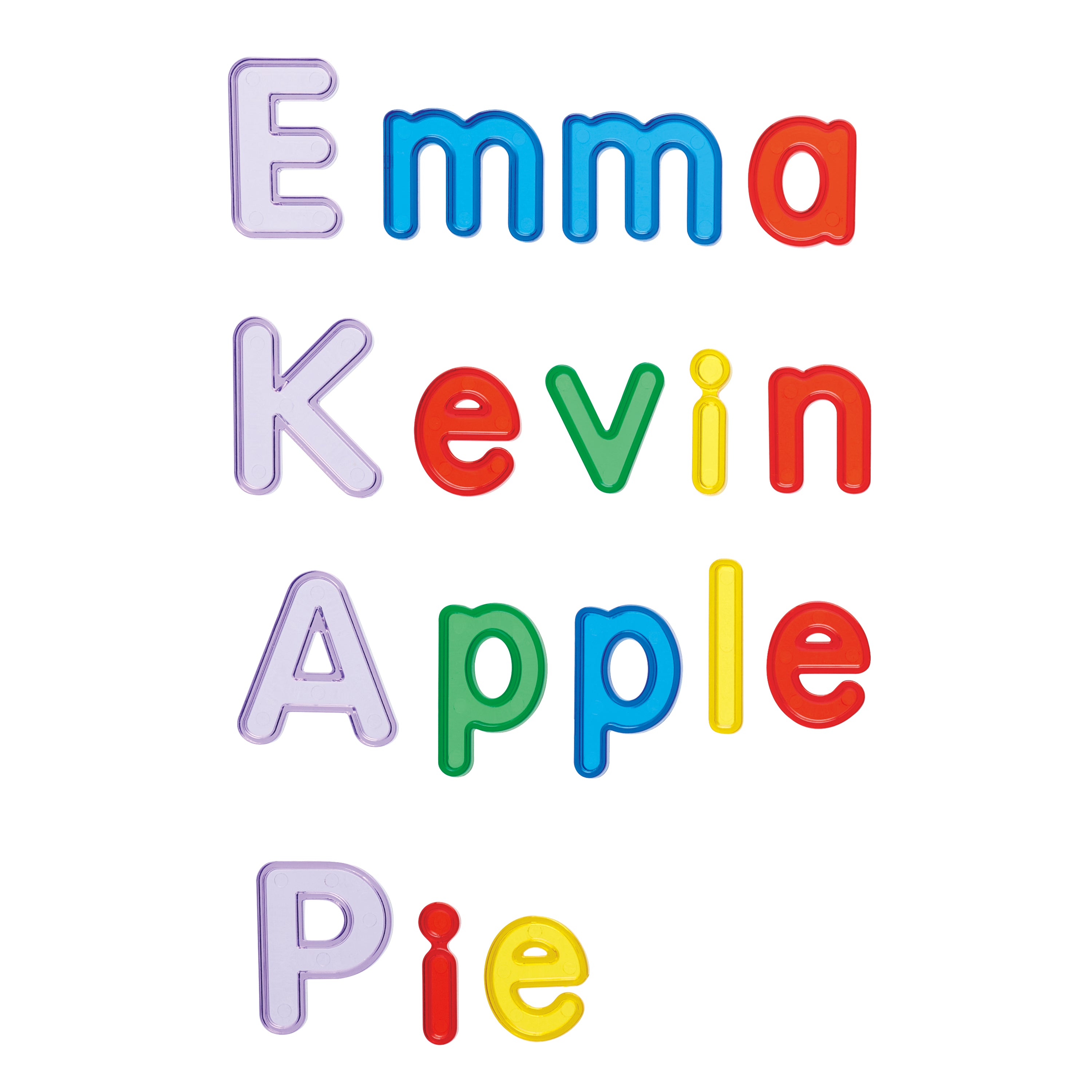 Colorful text spelling out 'Emma Kevin Apple Pie' on a white background