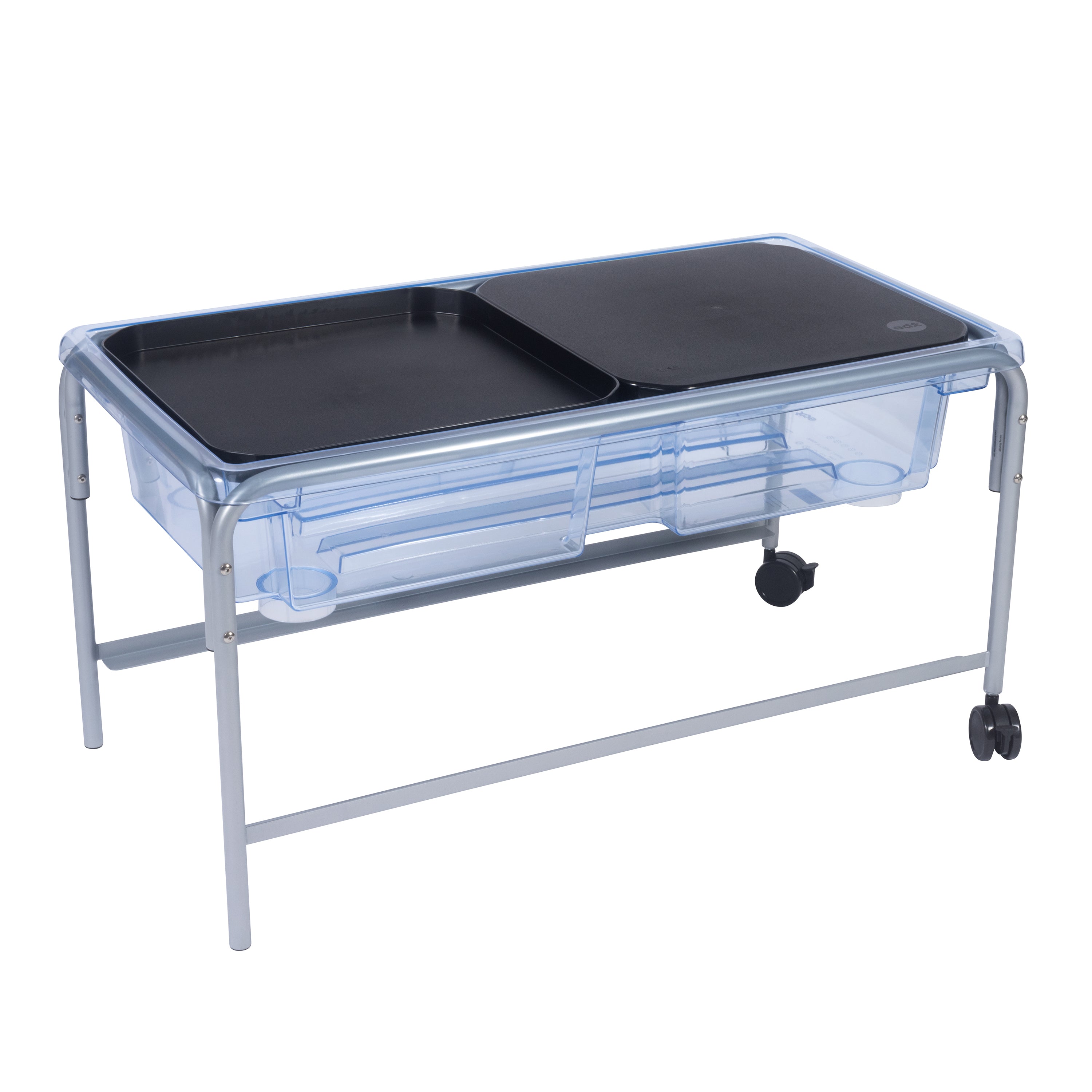 Sensory table with two black trays on a transparent stand with wheels.