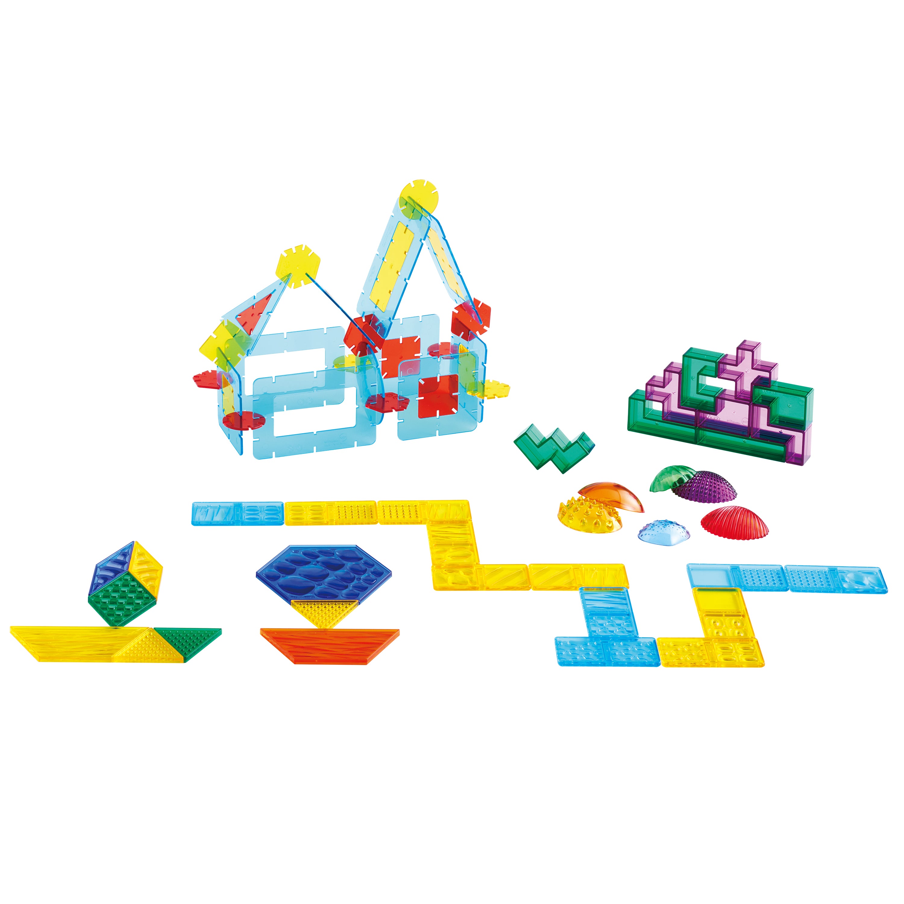 Colorful magnetic building blocks on a white background