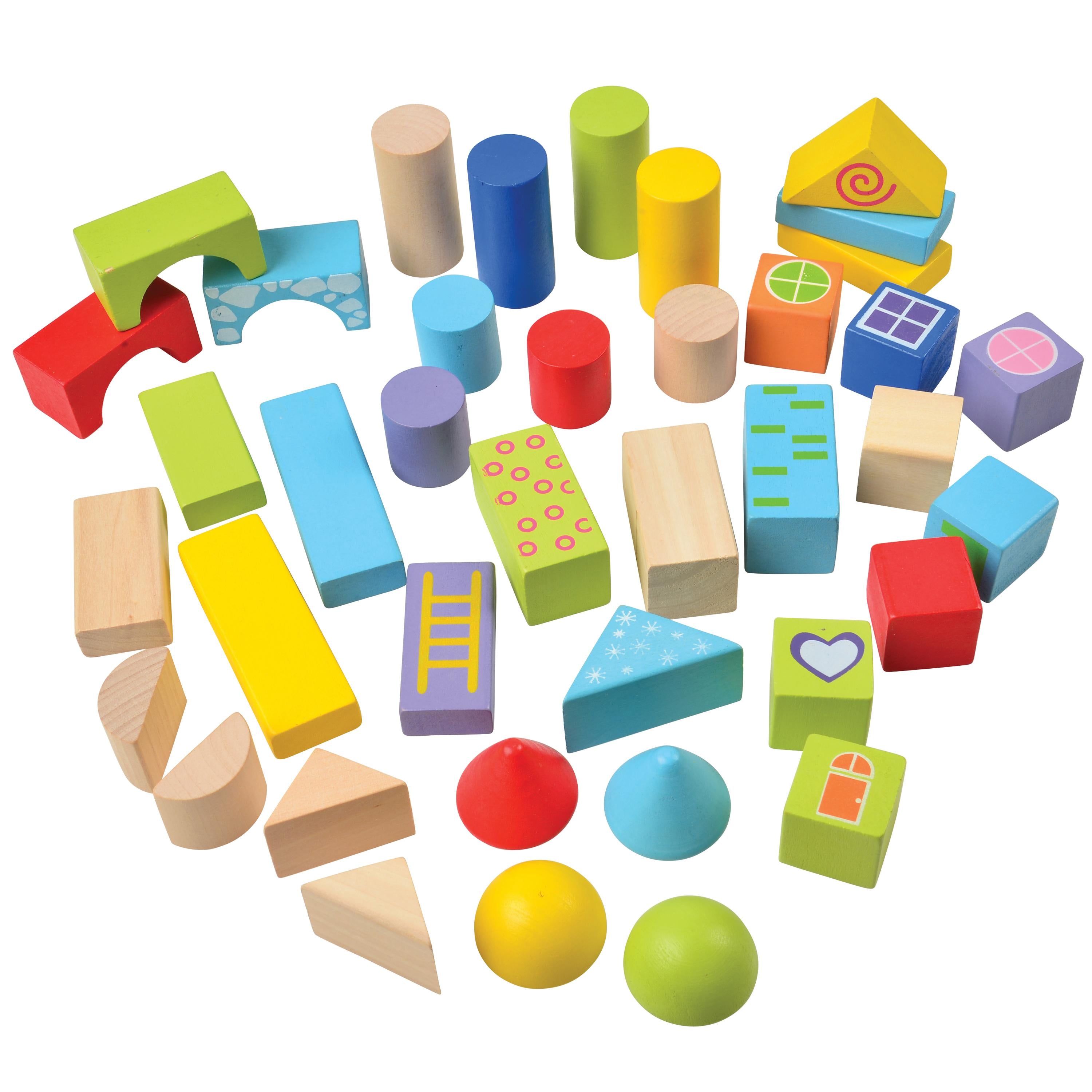 Assorted colorful wooden blocks on a white background