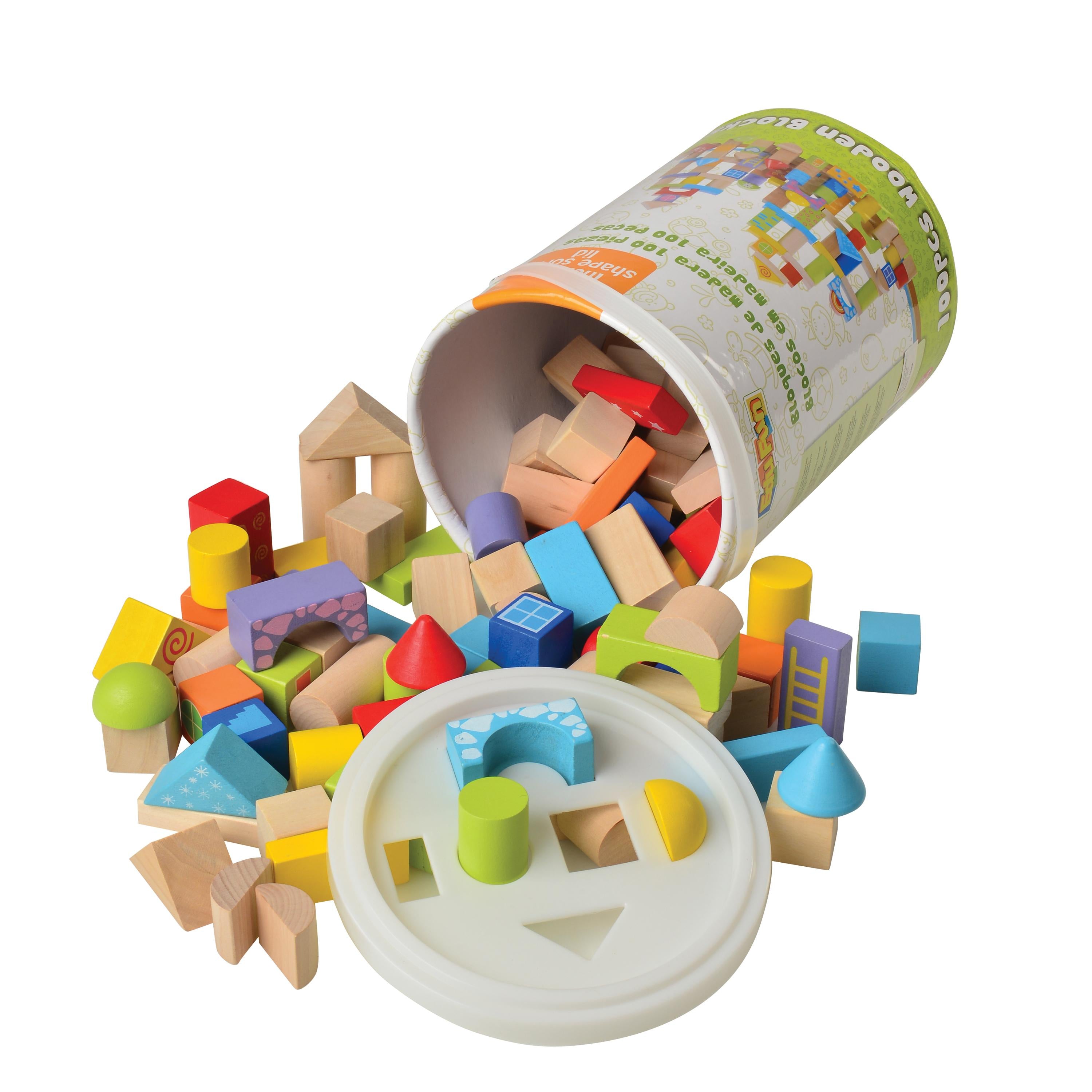 Colorful wooden building blocks spilling out of a cylindrical container on a white background
