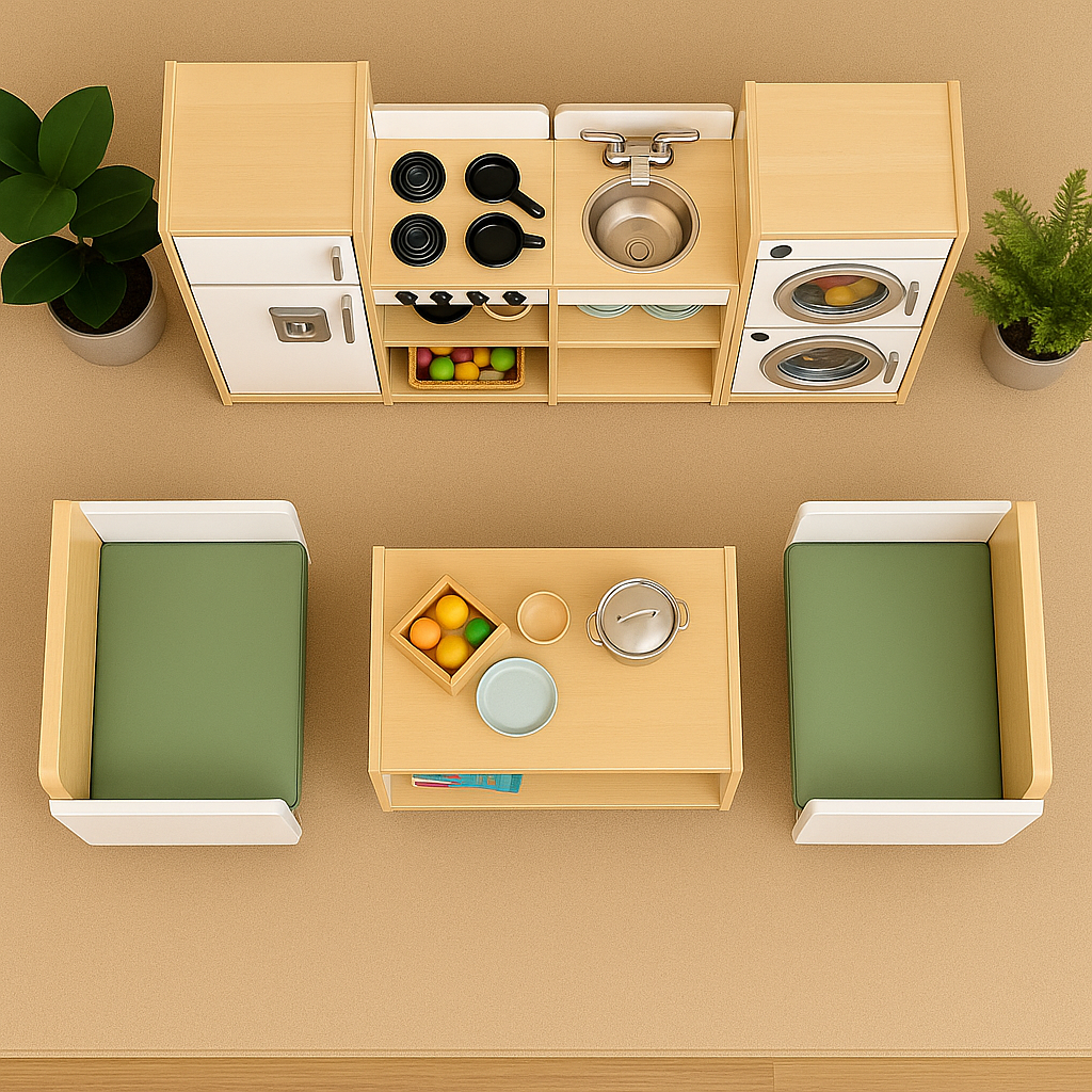 Modern Dramatic Play Kitchen & Lounge Bundle | 4-Piece Toddler Pretend Play Cent