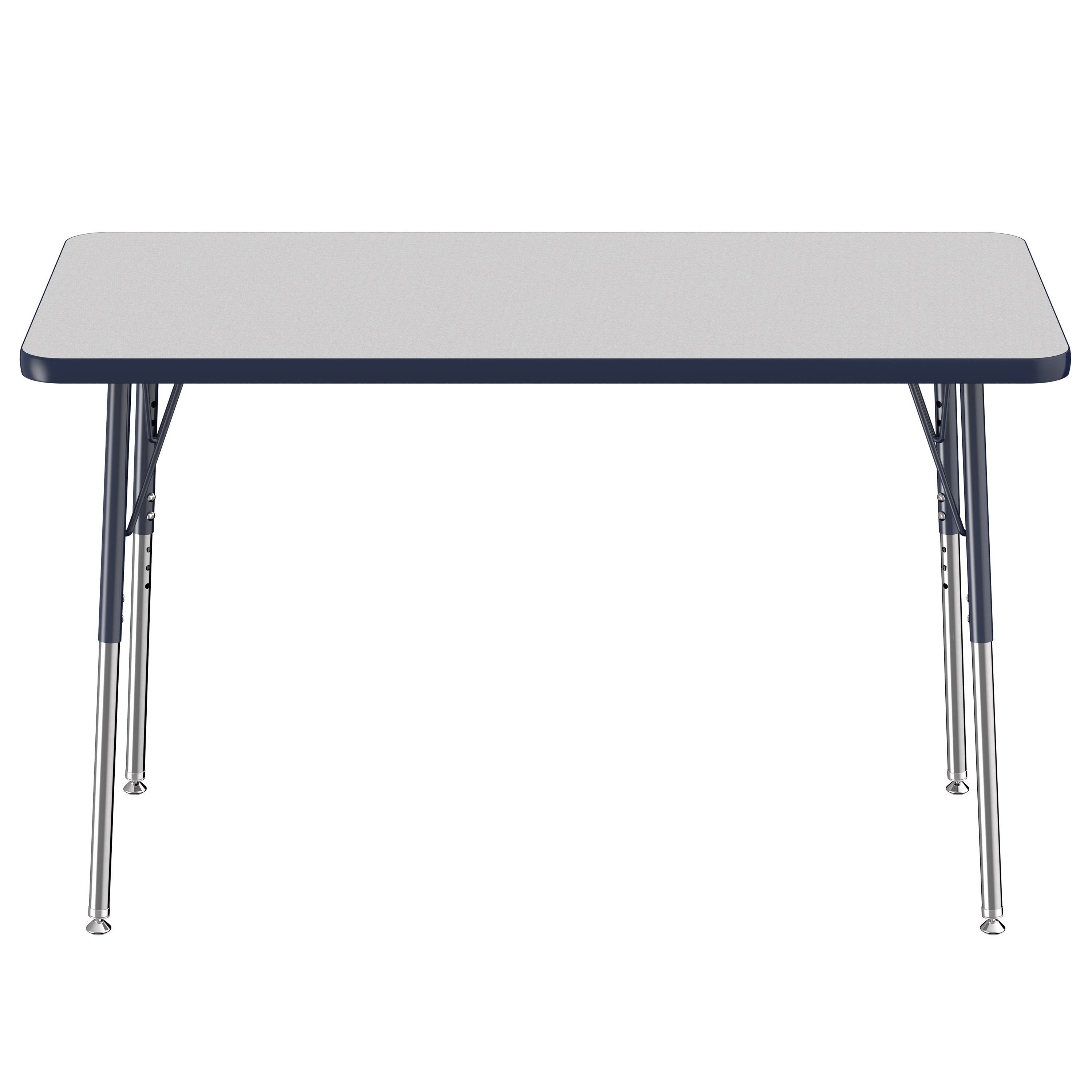 Rectangular table with a gray top and navy sides on a white background