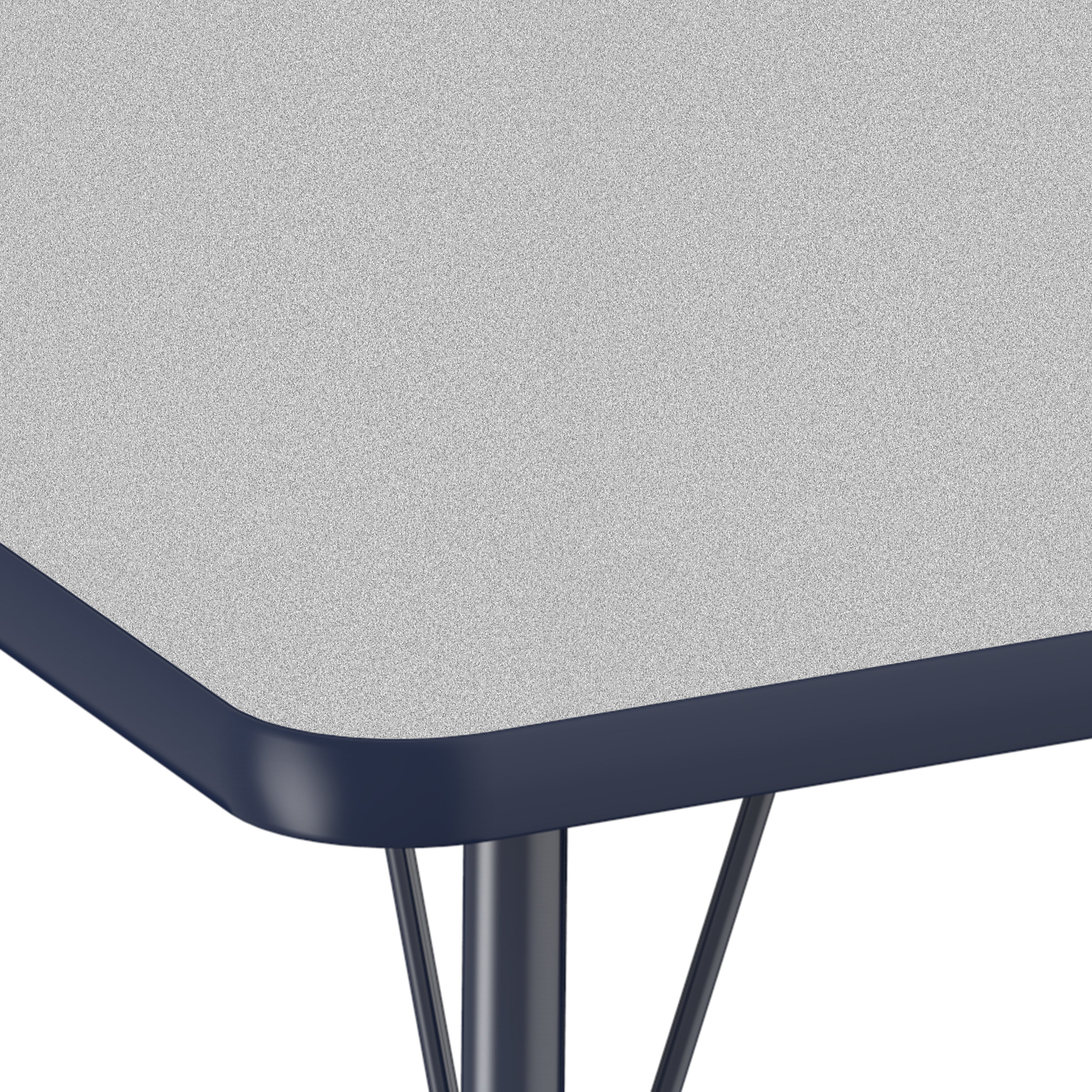 Close-up of a table with a gray top and navy blue trim on a white background