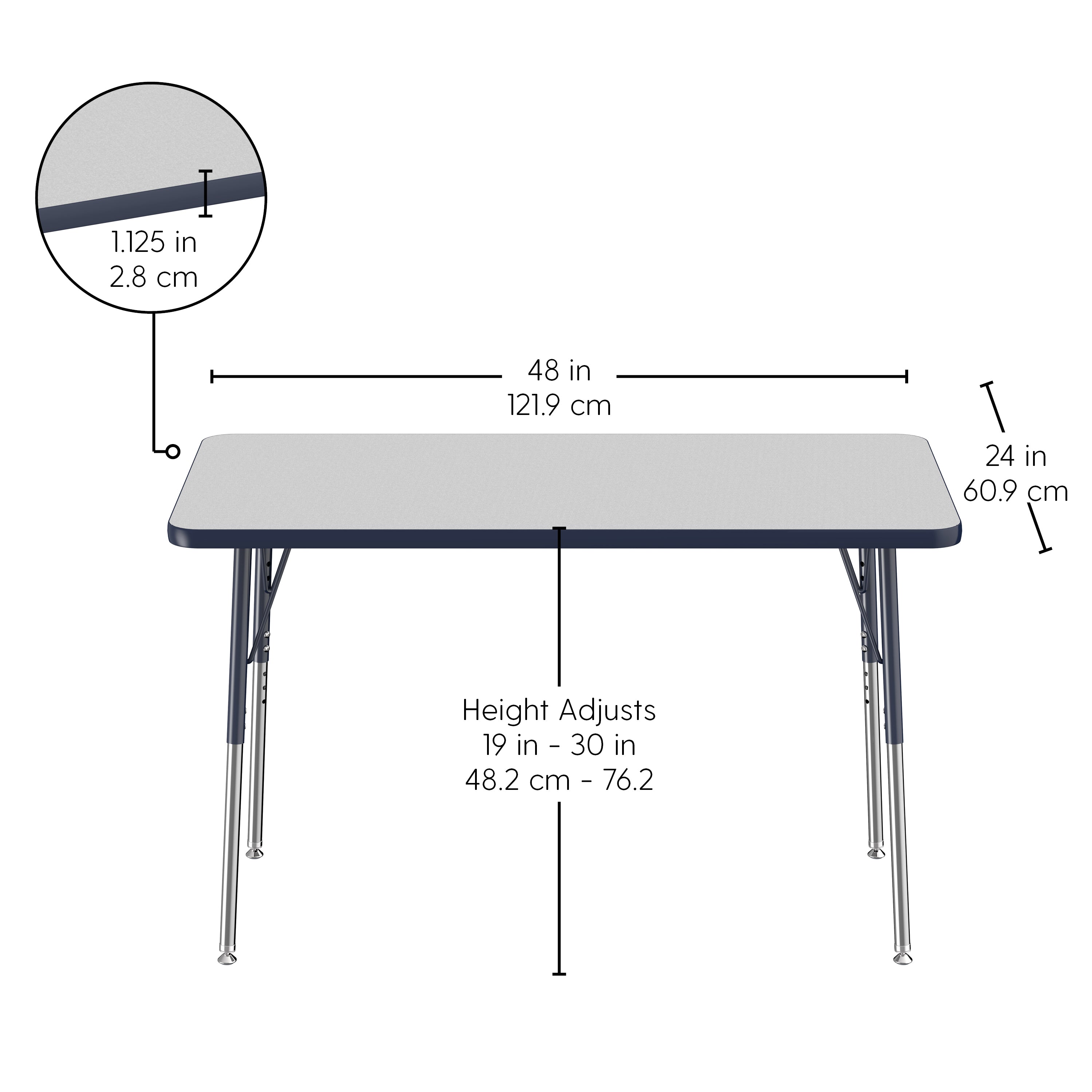 Measurement chart of a adjustable height table with dimensions and specifications.