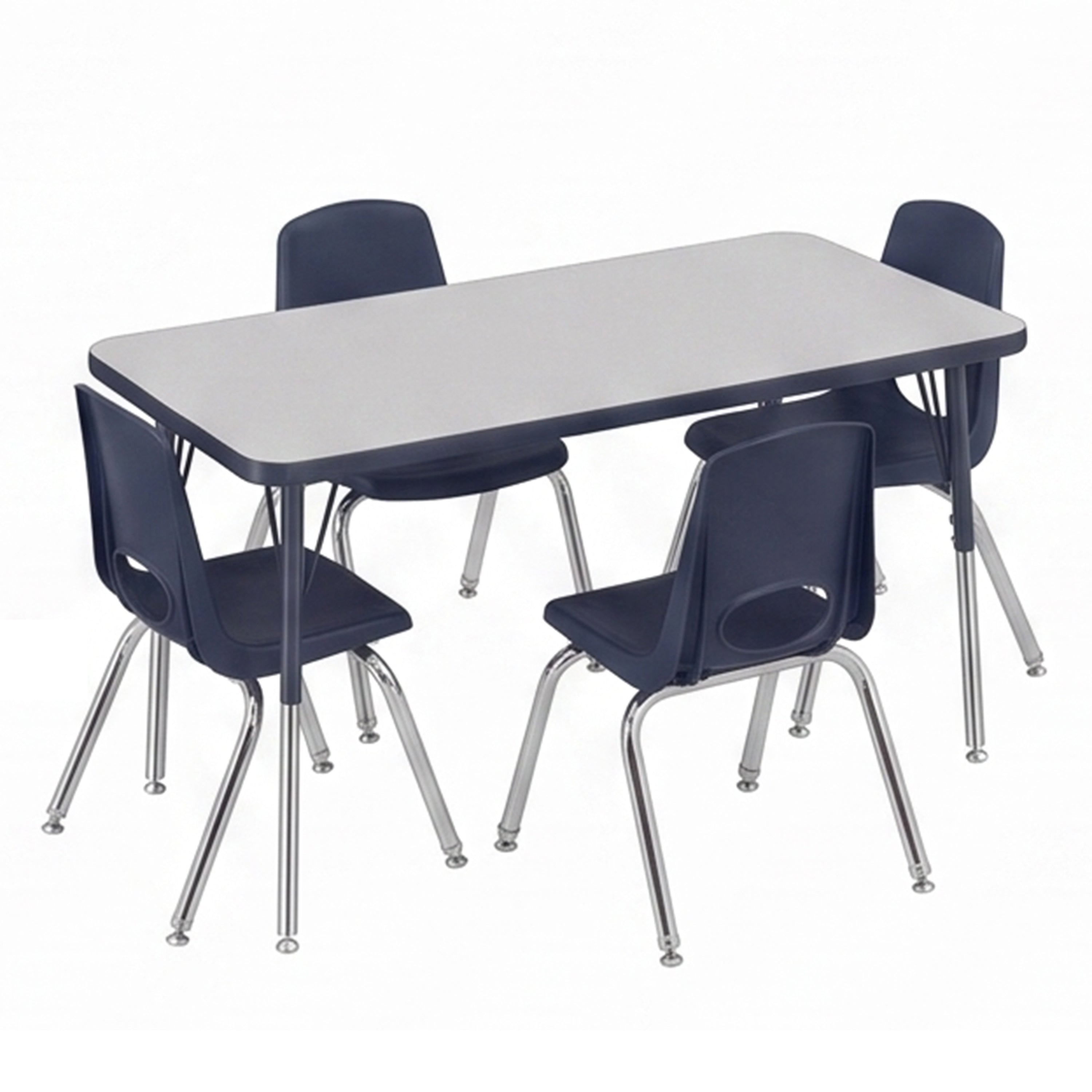 A rectangular classroom table with a light gray top and four dark navy chairs with chrome legs, shown on a plain white background.