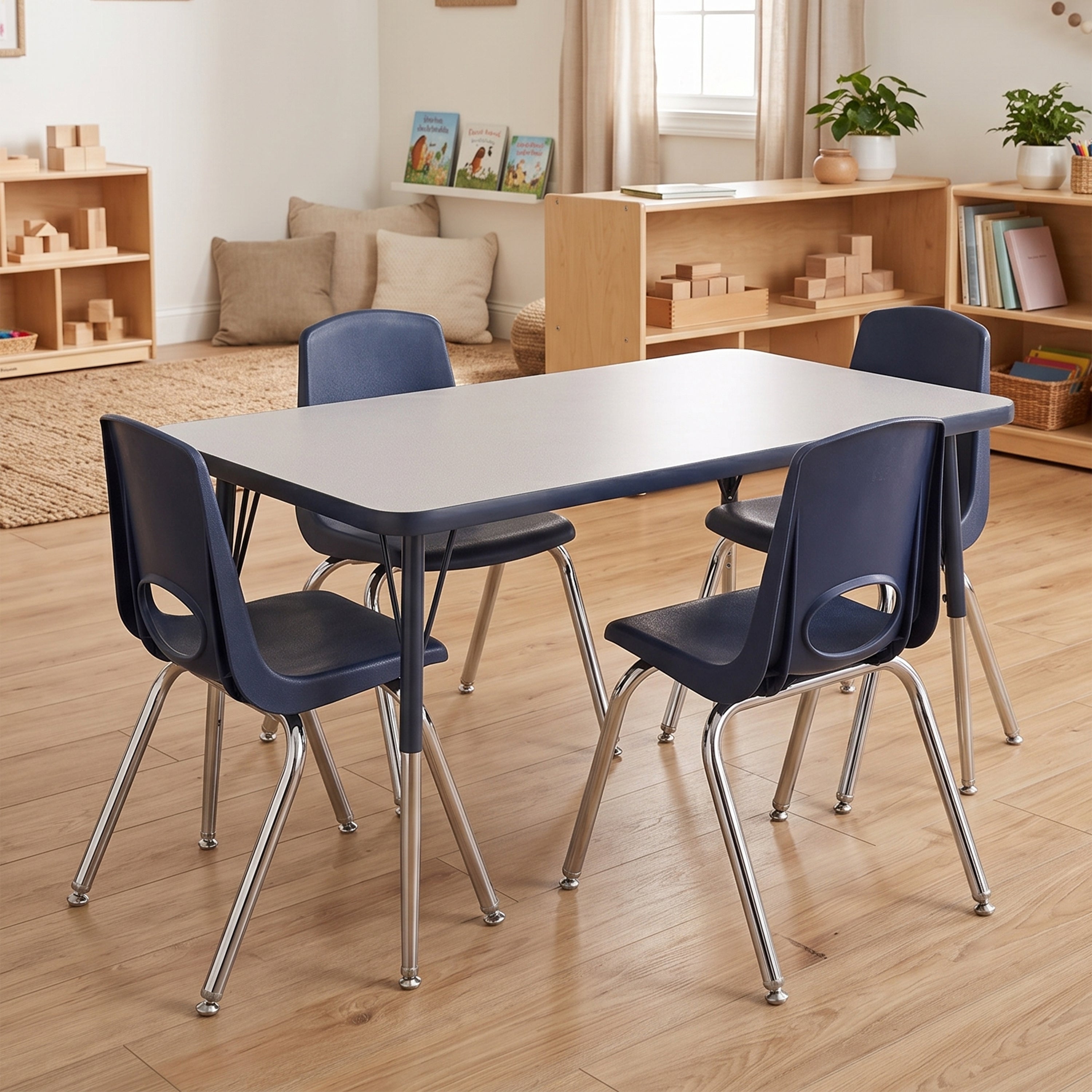 A rectangular classroom table with a light gray top and dark blue edges, surrounded by four matching dark blue plastic chairs with silver metal legs, set in a bright wood-floored classroom.
