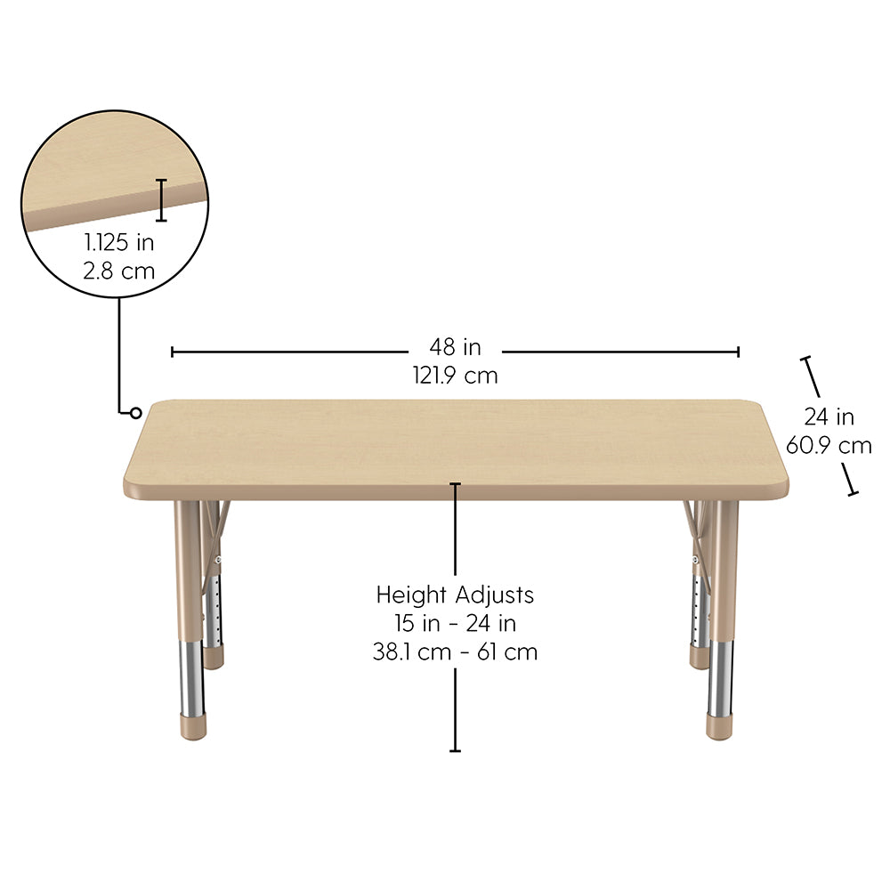 Measurement chart of a adjustable height table with dimensions and specifications.