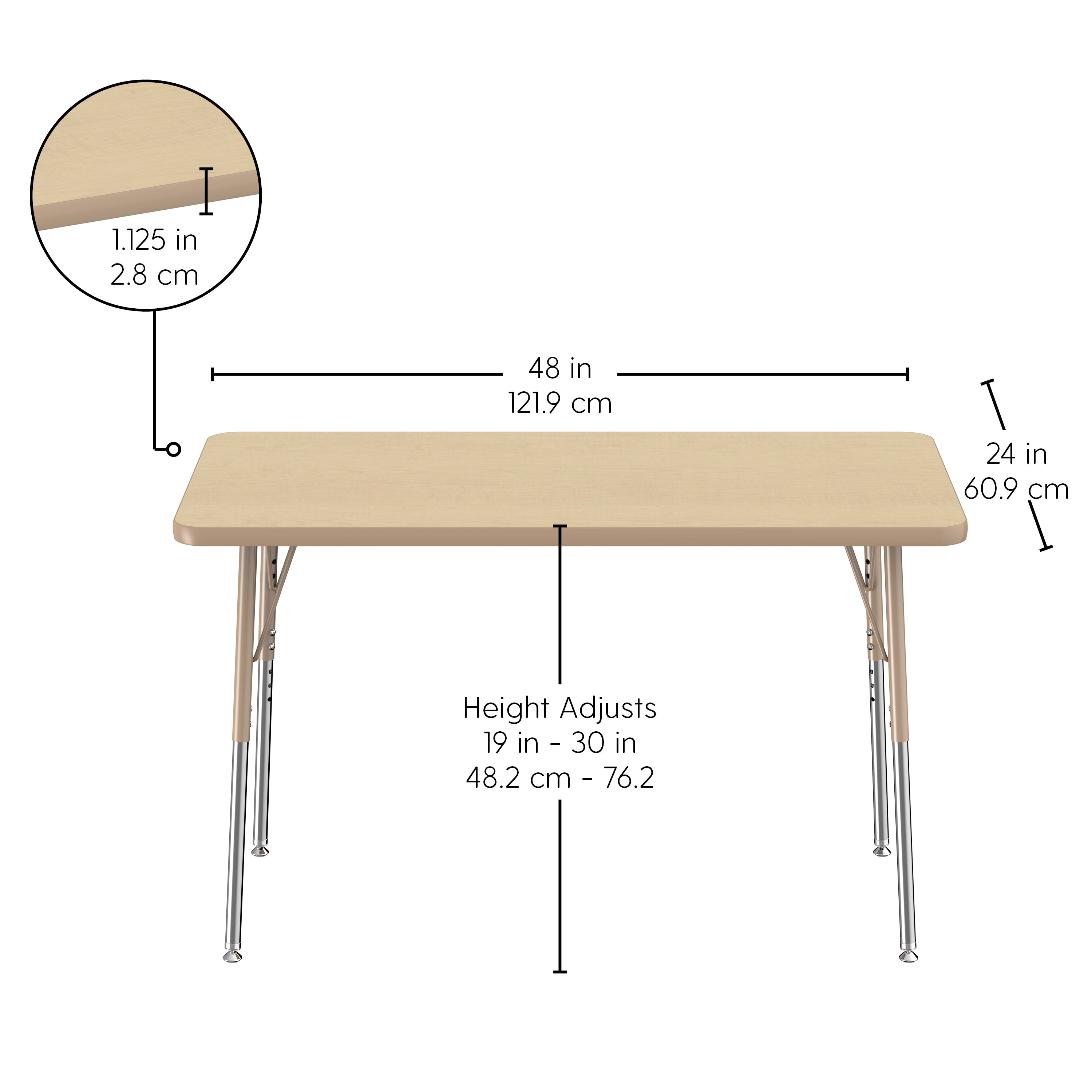 Rectangular table with dimensions and height adjustment details on a white background