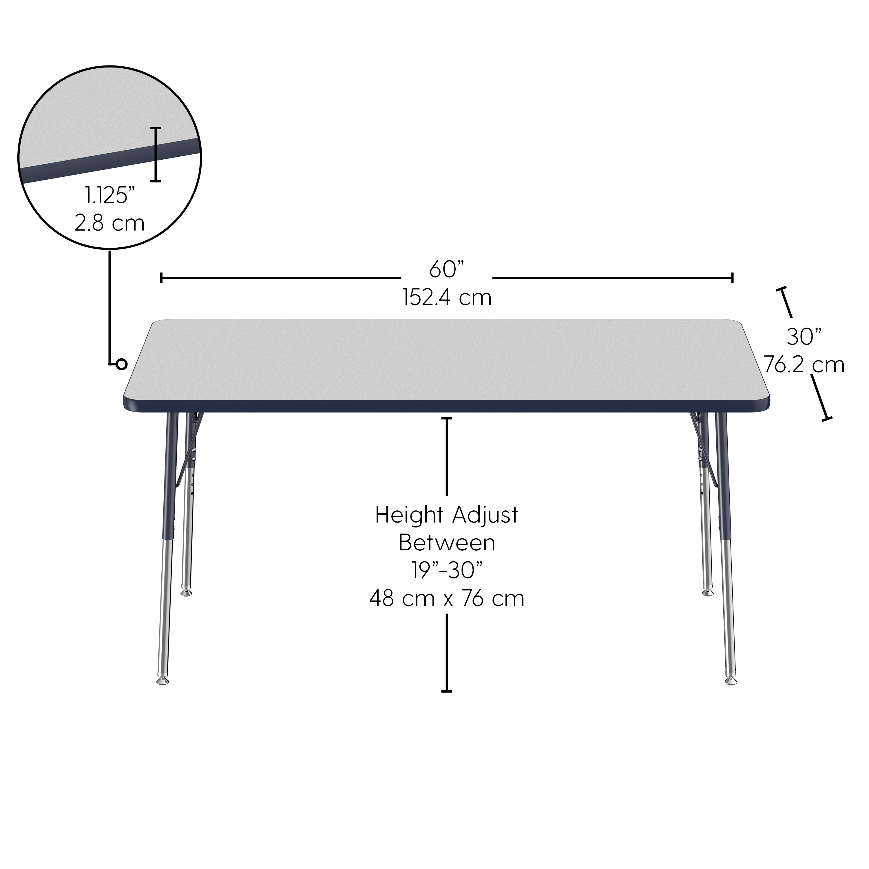 Rectangular table with dimensions and height adjustment details on a white background