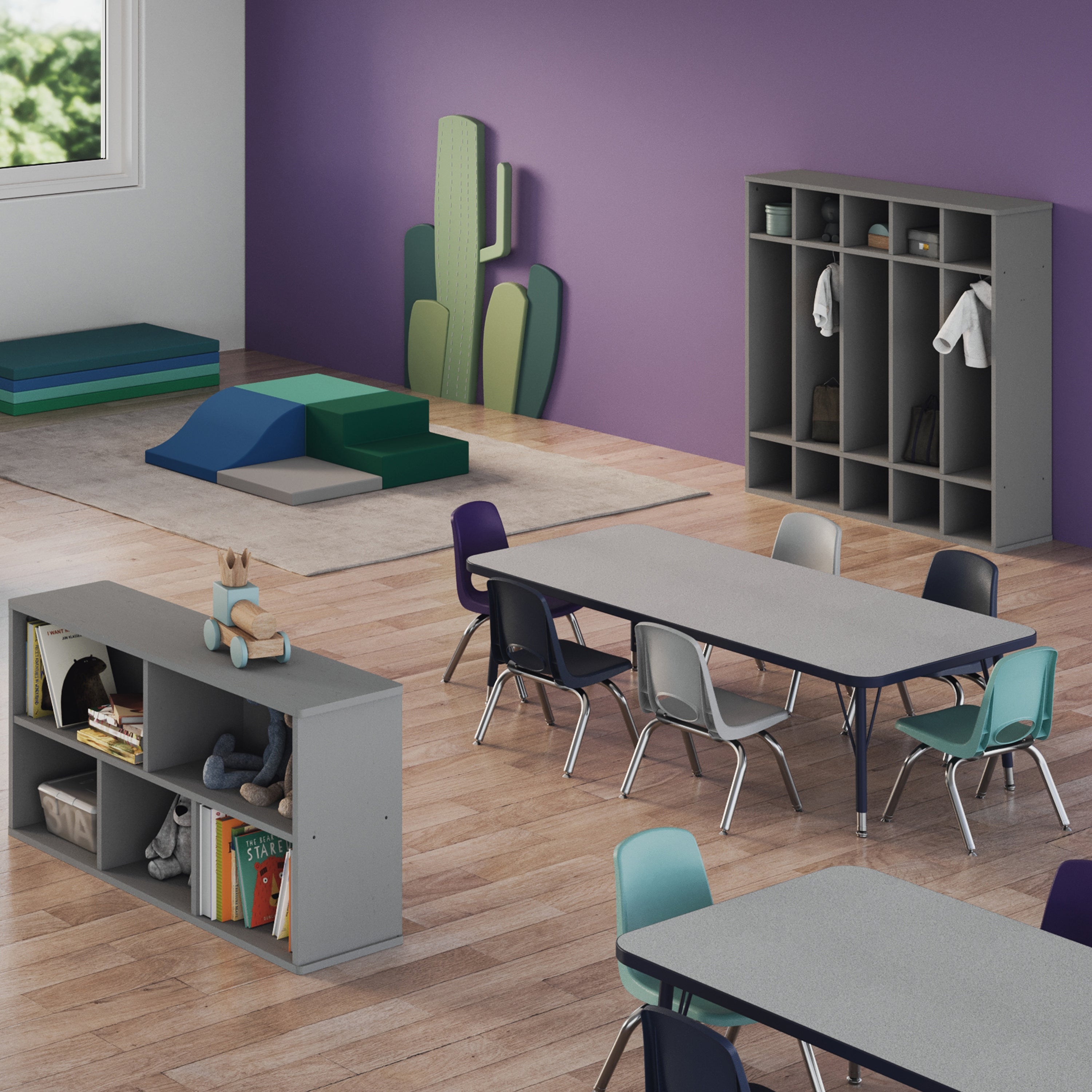 Children's classroom with tables, chairs, and storage units against a purple wall.