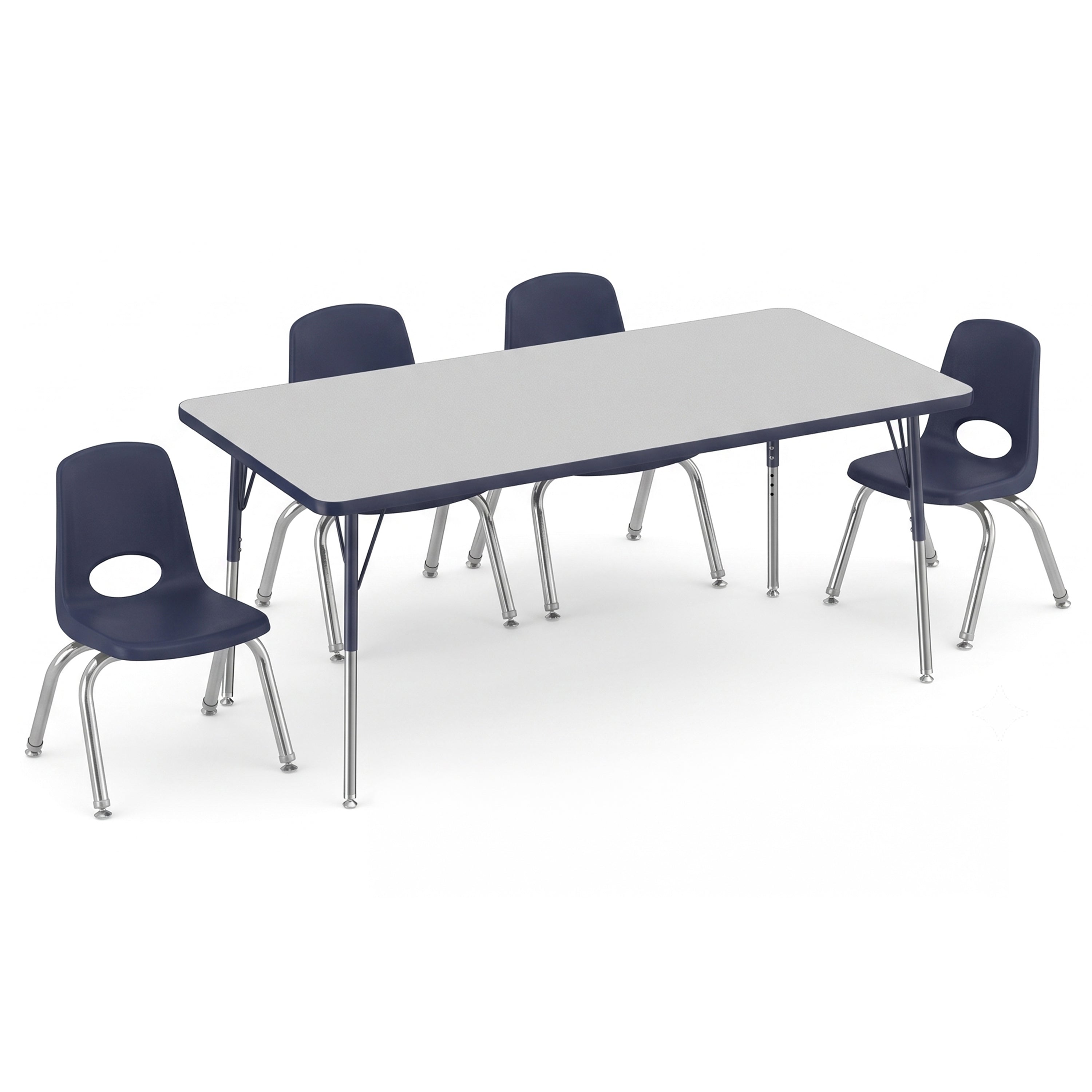 A school-style classroom table set featuring a rectangular light gray table with dark blue chairs and chrome legs, shown on a white background.