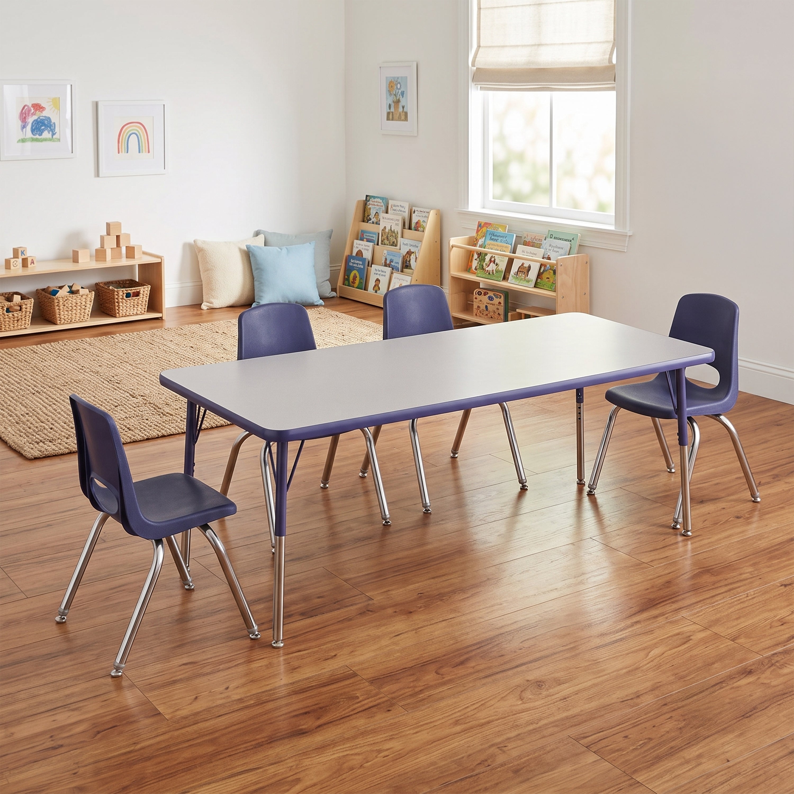 A children's table and chair set in a bright classroom. The set includes a rectangular table with a white top and purple frame, surrounded by four matching chairs with purple seats and backs and chrome legs.