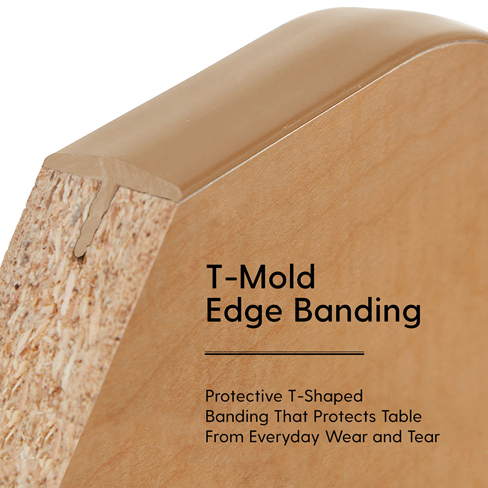 Wooden edge banding with T-mold design and protective text on a white background