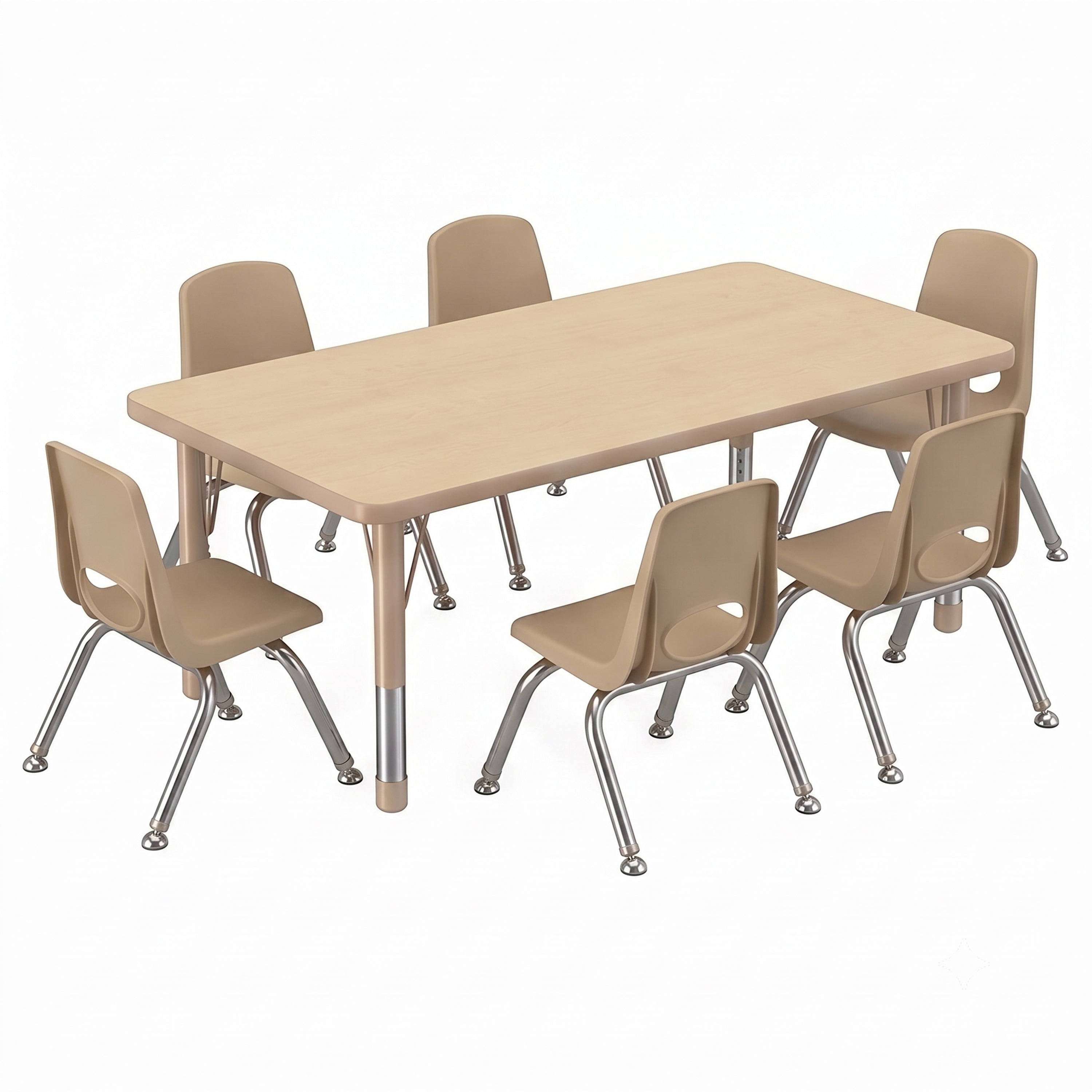 A children's classroom table set featuring a rectangular light wood table with silver metal legs and six matching beige plastic chairs with silver metal legs, shown on a solid white background.
