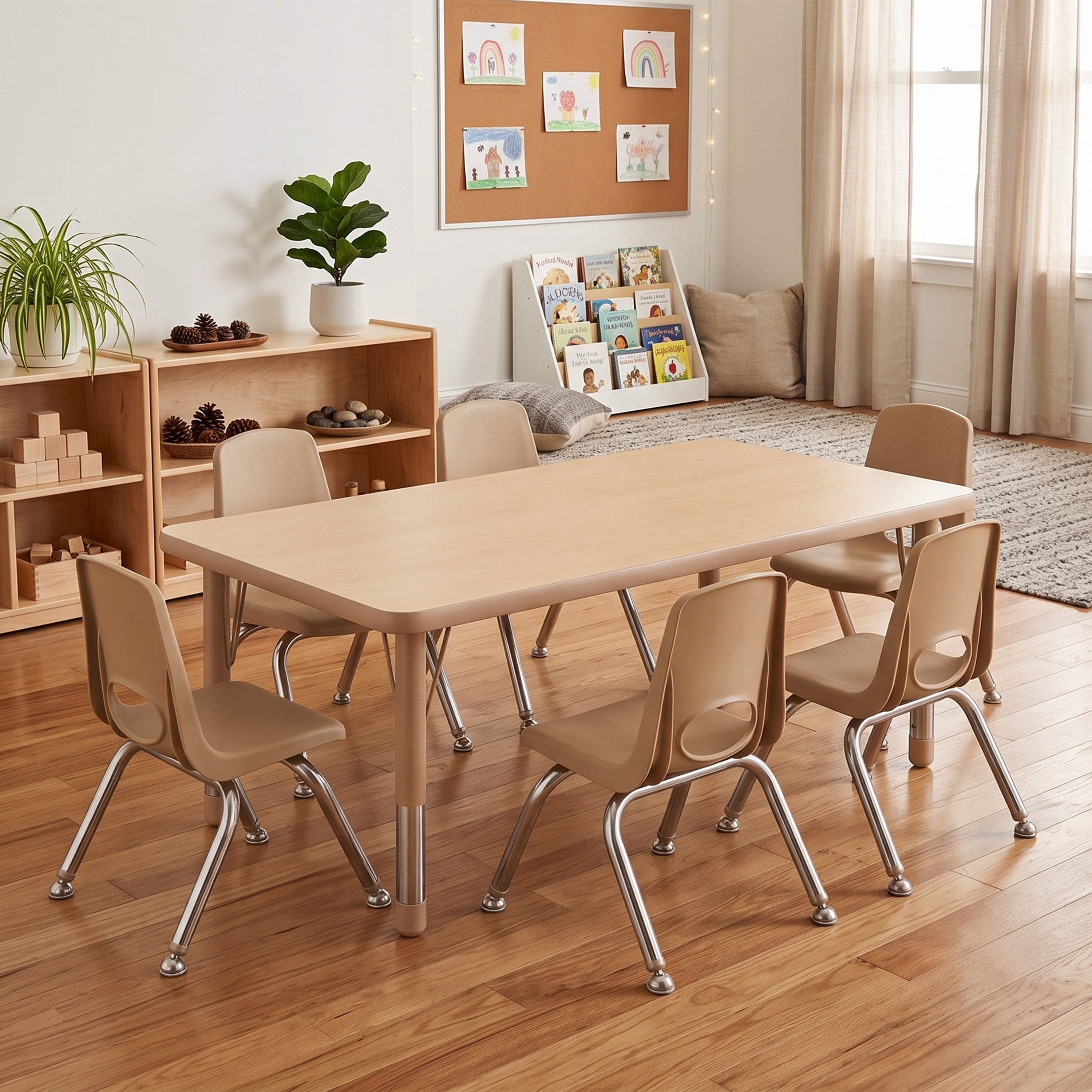 A light wood classroom table with six beige plastic chairs with chrome legs, arranged in a bright, modern children's classroom with wooden floors, a corkboard, and bookshelves.