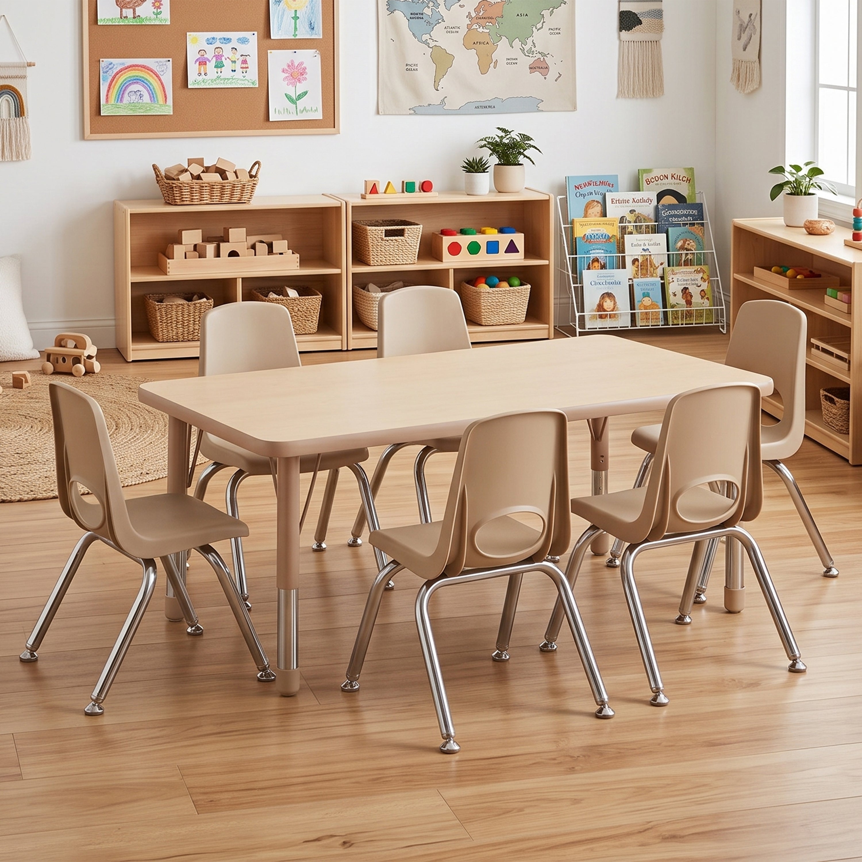 A light wood classroom table with six matching chairs in a bright, modern children's classroom. The chairs have beige plastic seats and backs with chrome metal legs.