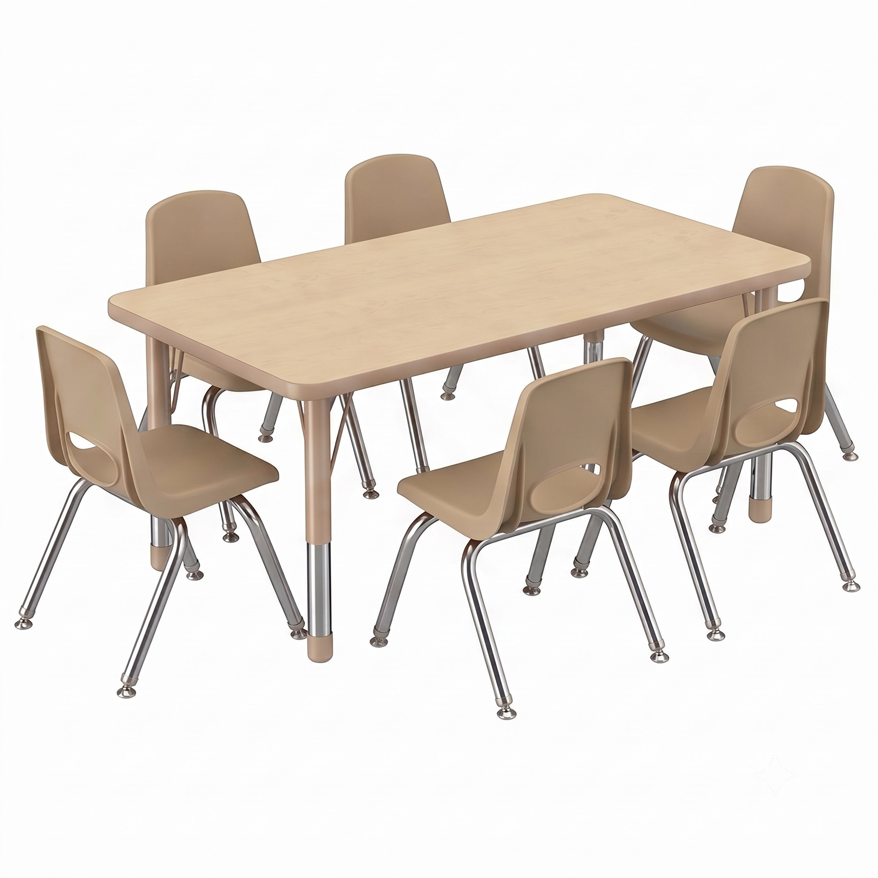 A light wood classroom table with six beige plastic chairs featuring chrome metal legs, shown on a solid white background.