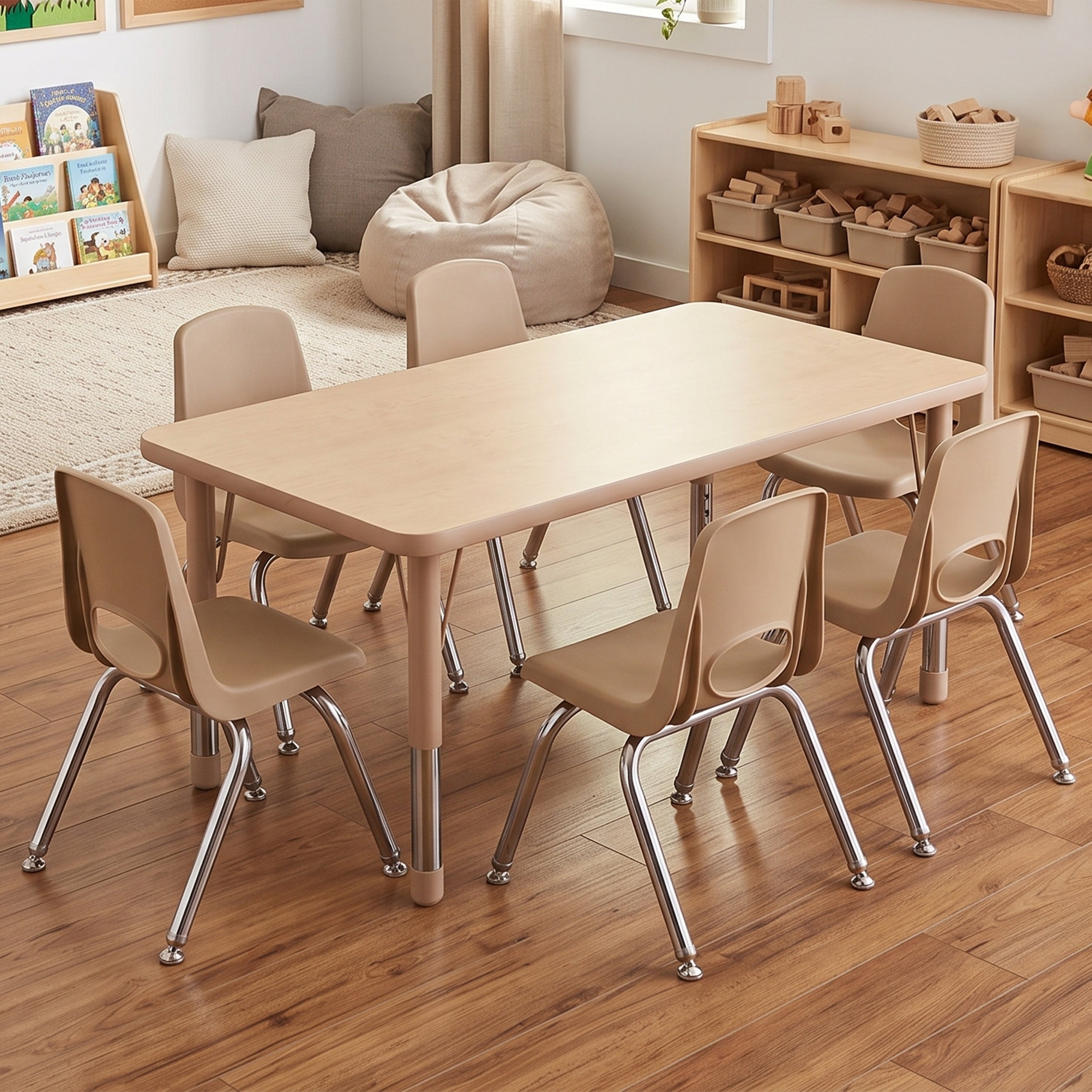 A children's dining set consisting of a rectangular light wood table and six matching chairs with beige seats and chrome legs, arranged in a bright, modern playroom.