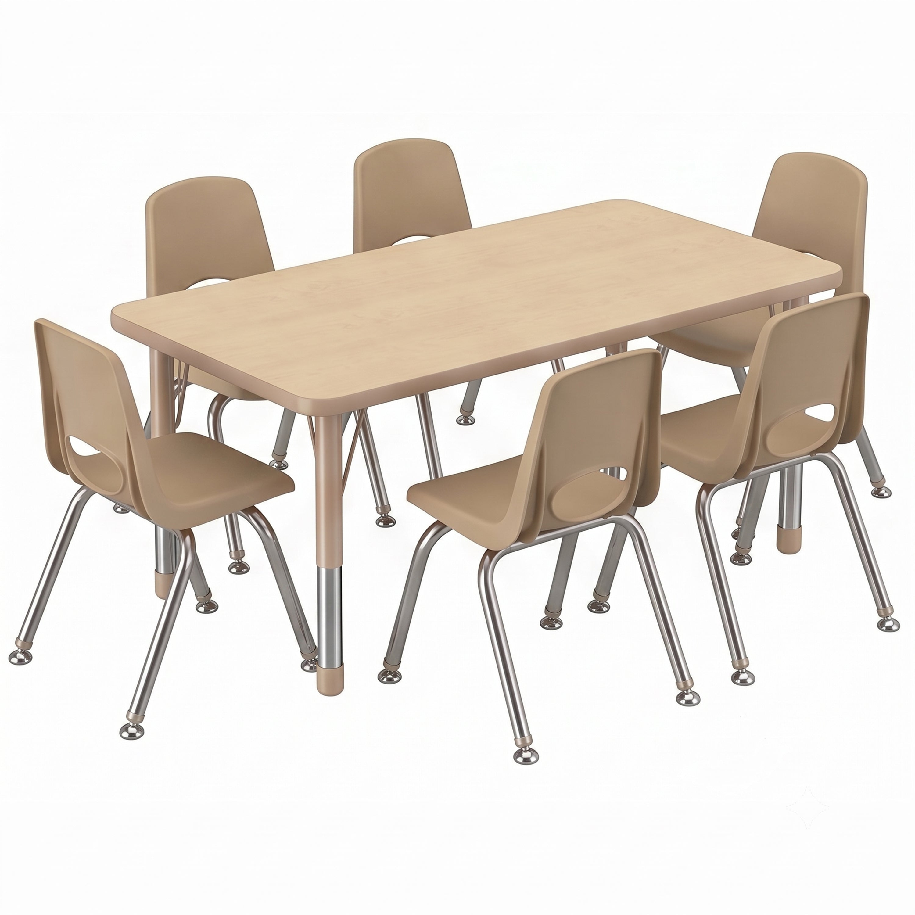 A children's table and chair set featuring a rectangular light wood table and six matching chairs with beige plastic seats and backs and chrome legs, shown on a white background.