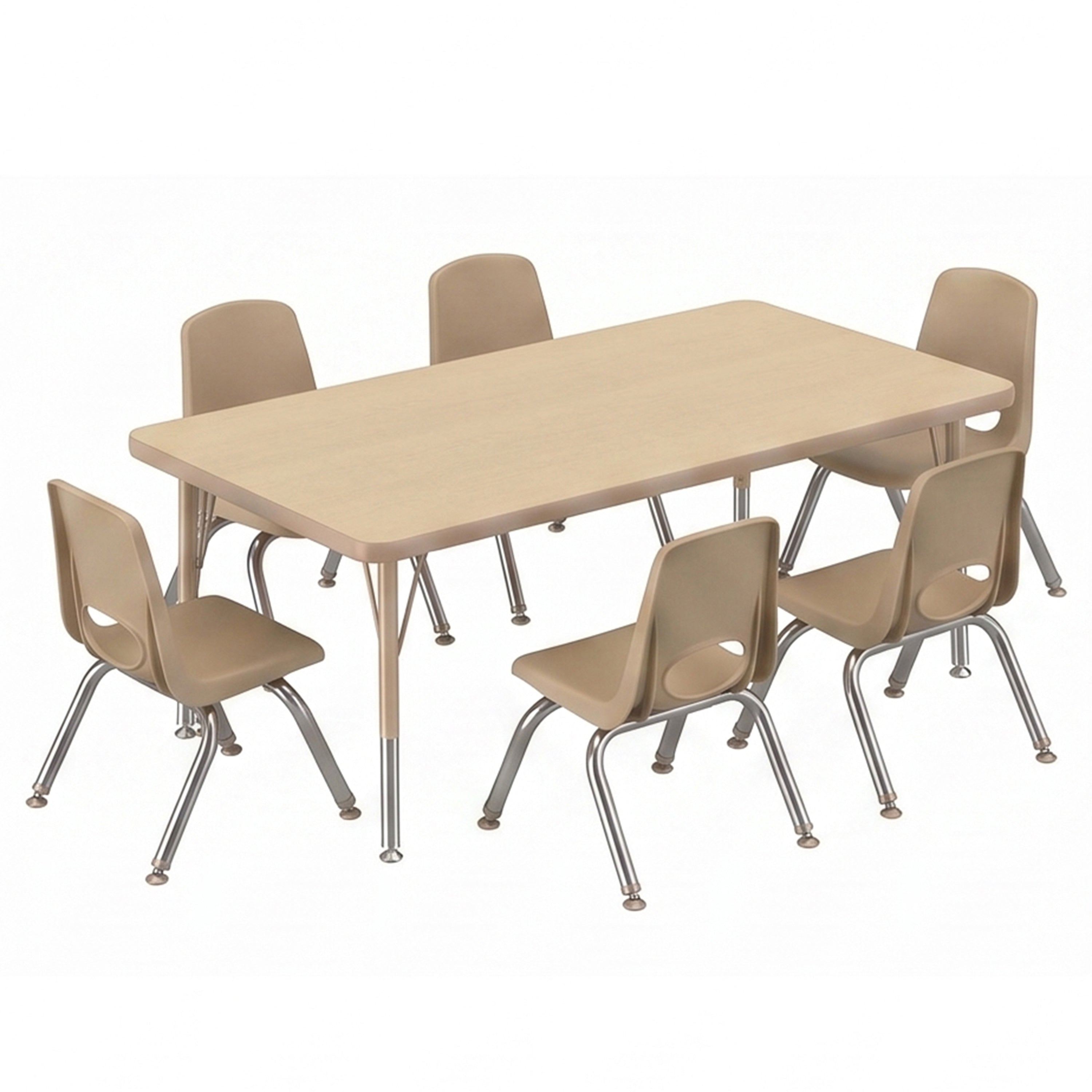 A children's classroom furniture set featuring a rectangular light wood table and six matching plastic chairs with metal legs, shown on a plain white background.