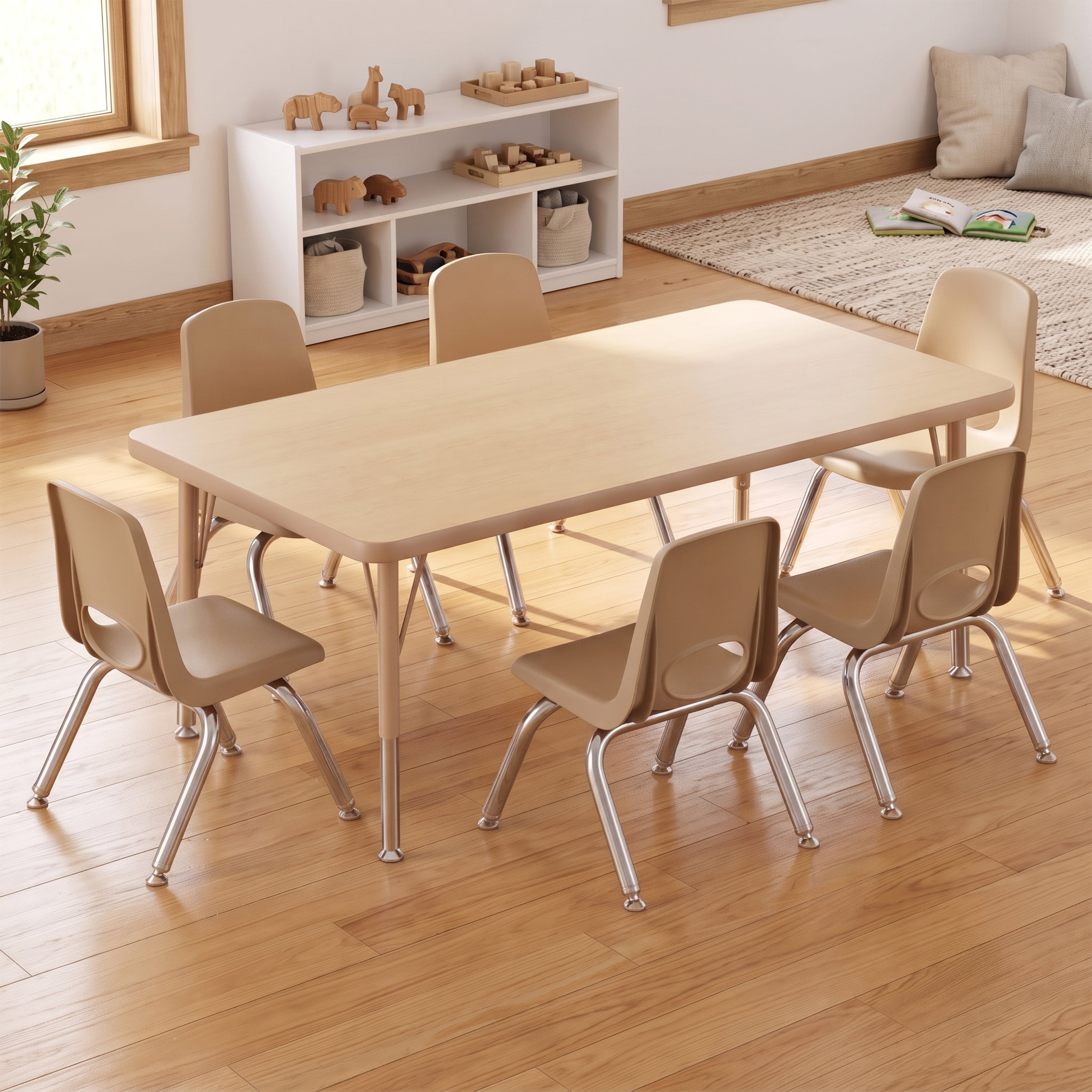 A light wood classroom table with six matching beige plastic chairs with metal legs, arranged in a bright, modern children's room with wooden floors and a white storage shelf in the background.