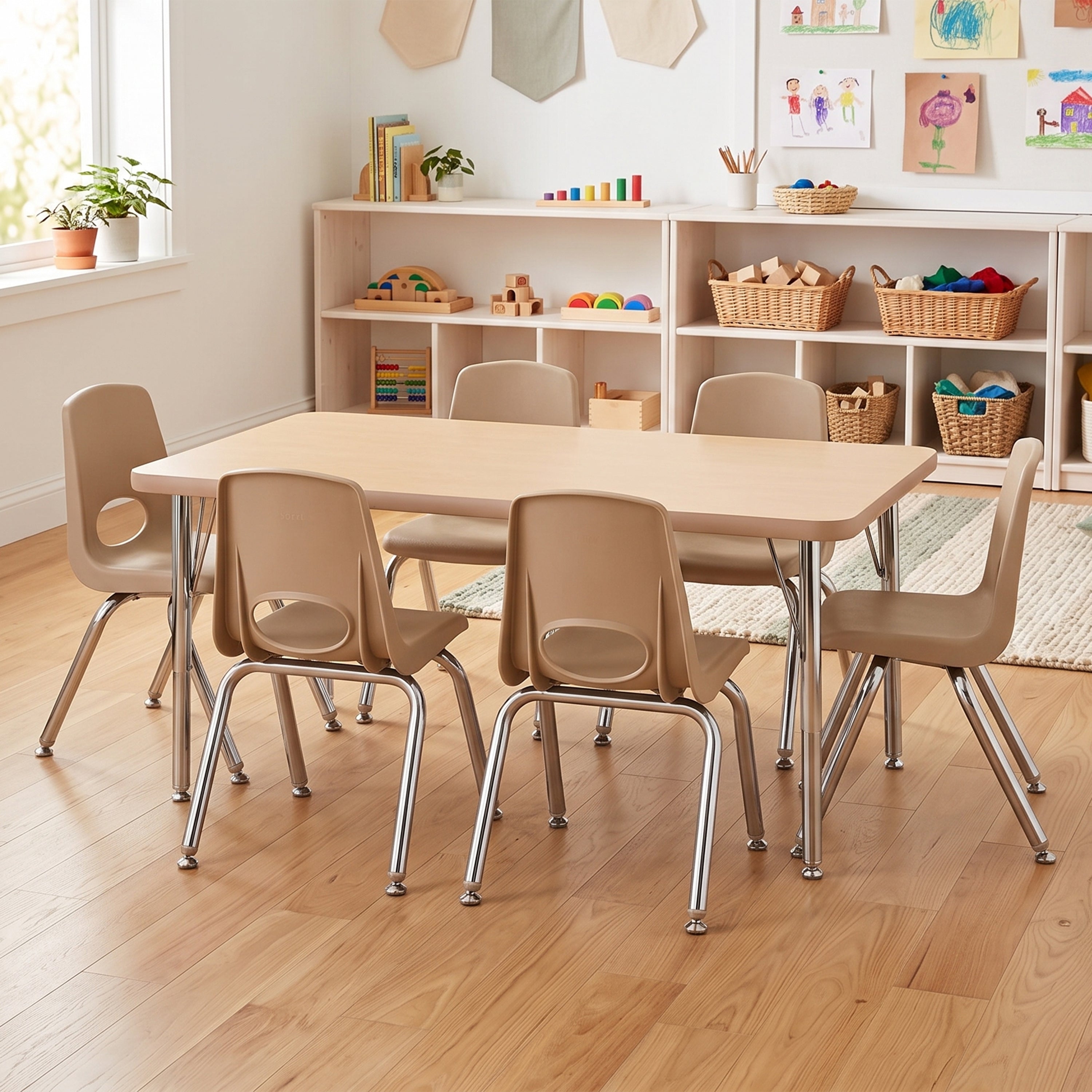 A light wood classroom table with six tan molded chairs and chrome legs, set in a bright, modern children's classroom with wooden floors and shelves in the background.