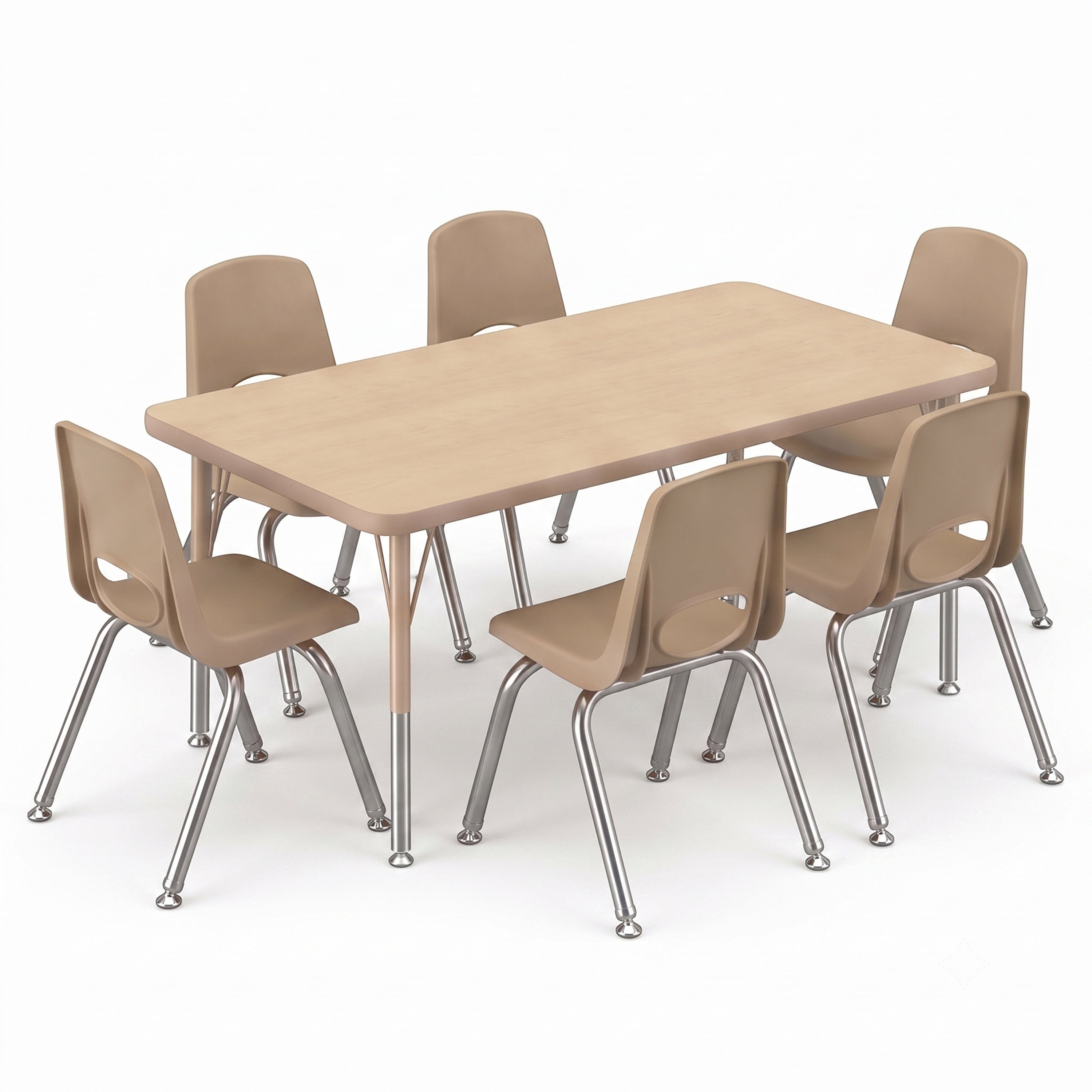 A light wood classroom table with six beige plastic chairs featuring silver metal legs, shown on a clean white background.