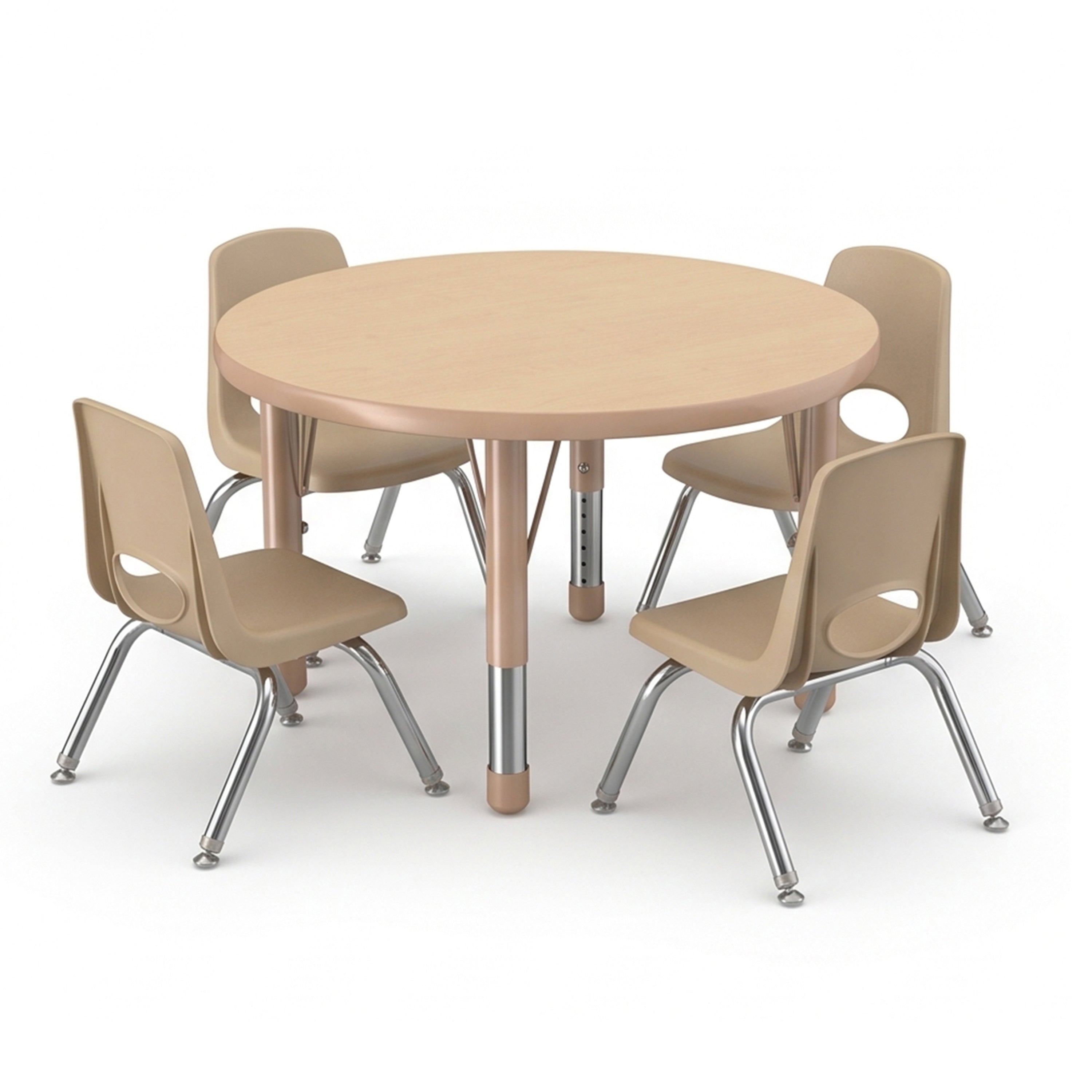 A round children's table set with four beige plastic chairs featuring metal legs, shown on a clean white background.