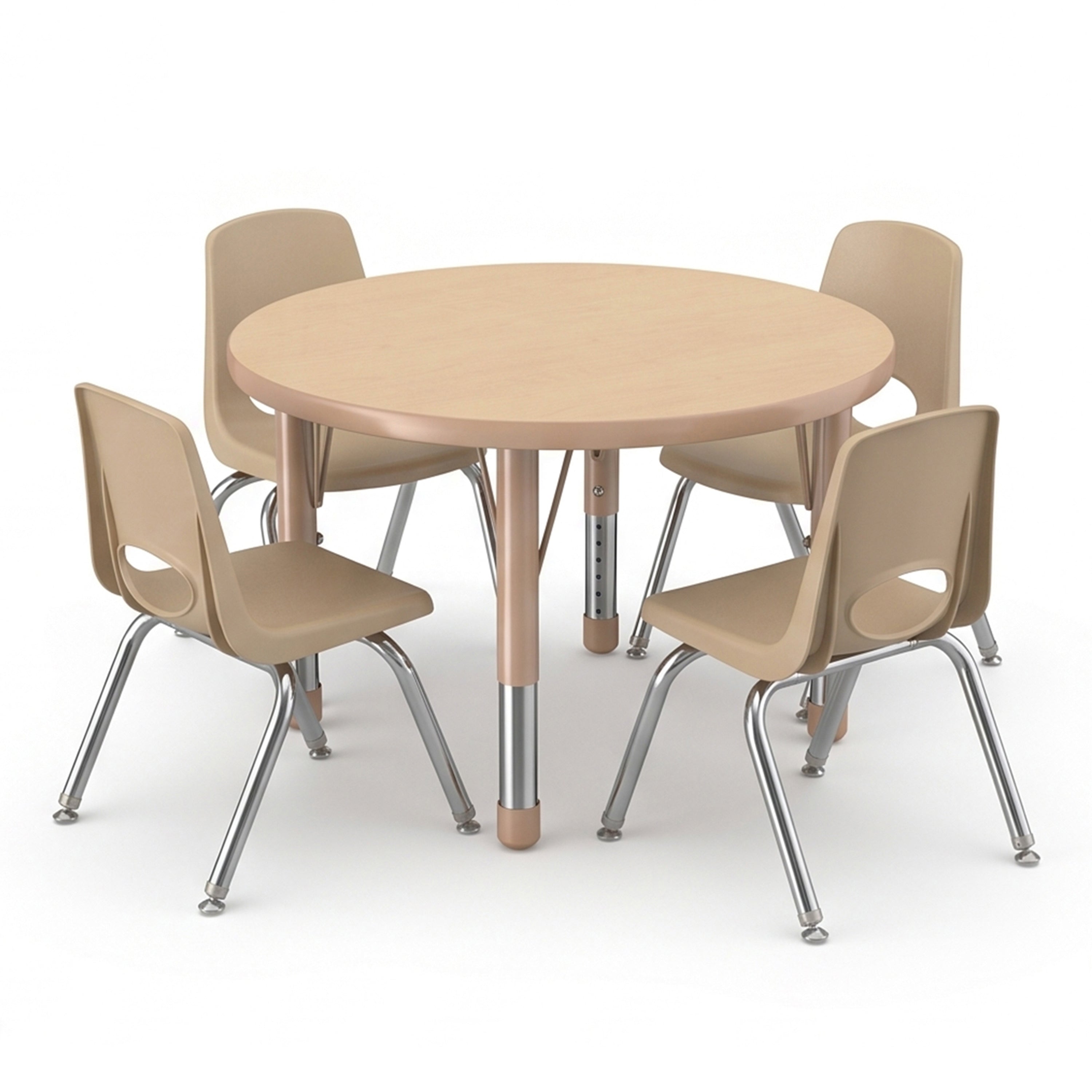 Round light wood children's table with four beige plastic chairs featuring metal legs, shown on a white background.