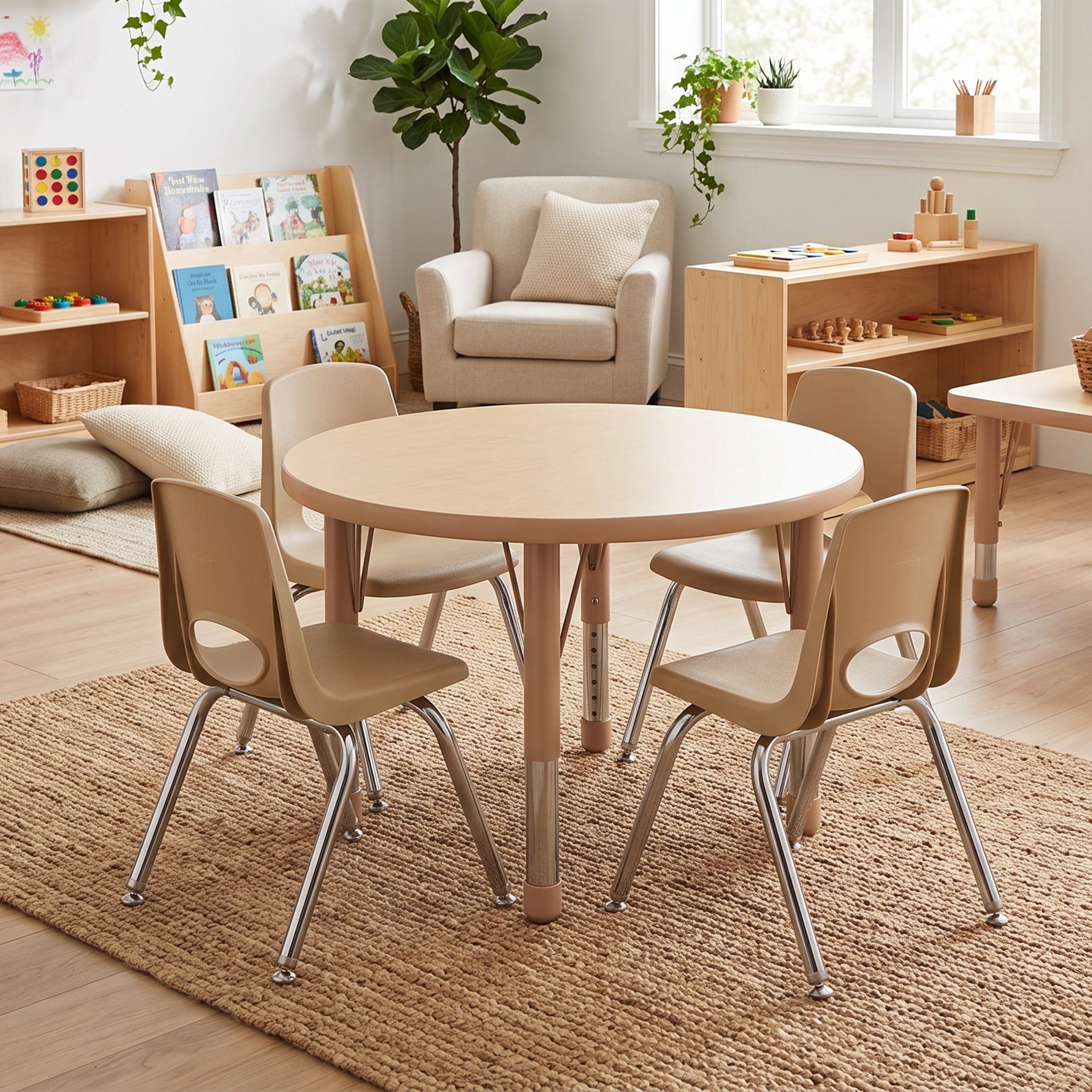 A children's round dining table set with six beige chairs featuring silver metal legs, styled in a bright, modern playroom with wooden shelves, toys, and a comfortable armchair in the background.
